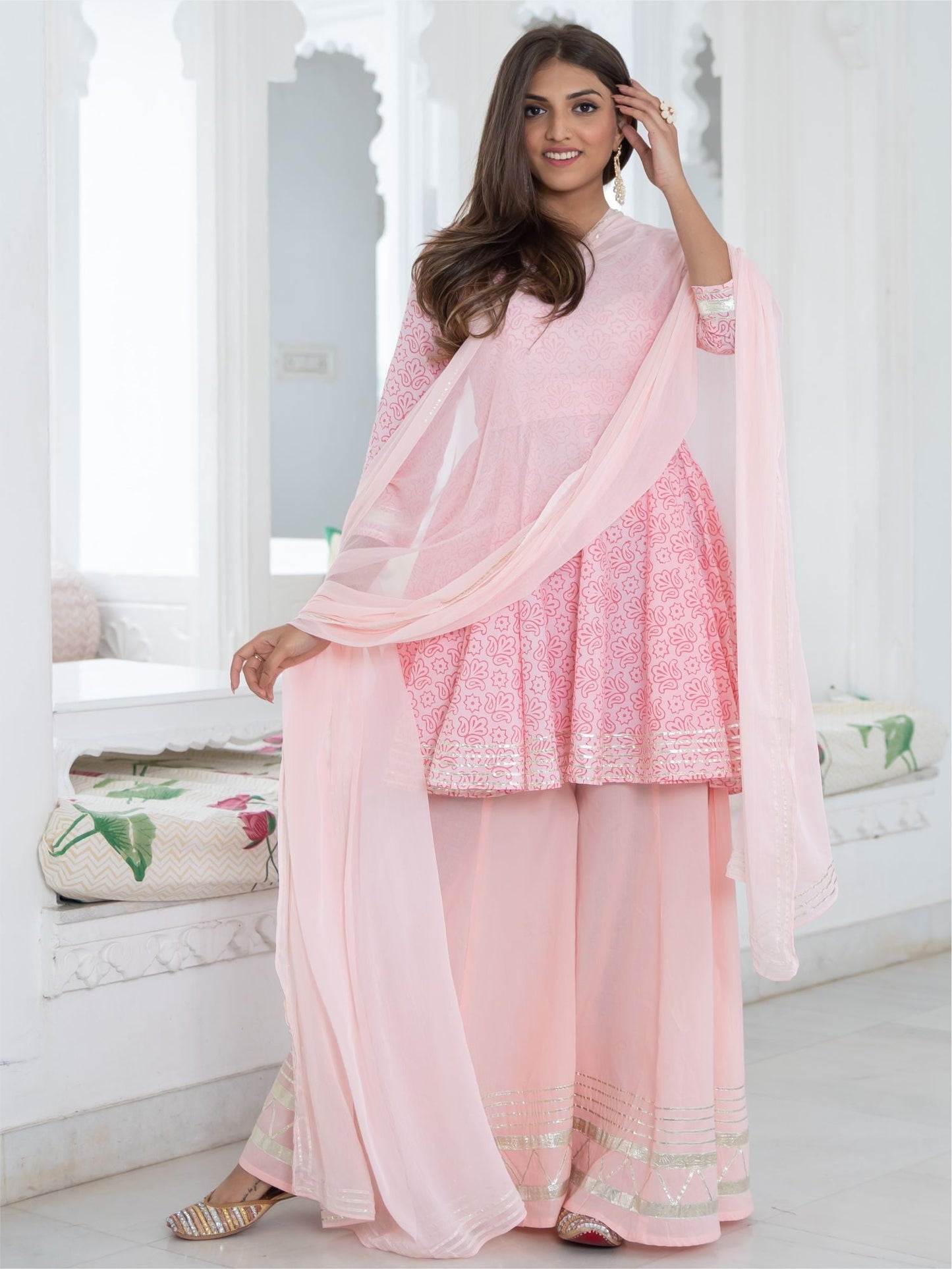 Pink Cotton Printed Kurta and Palazzo Set