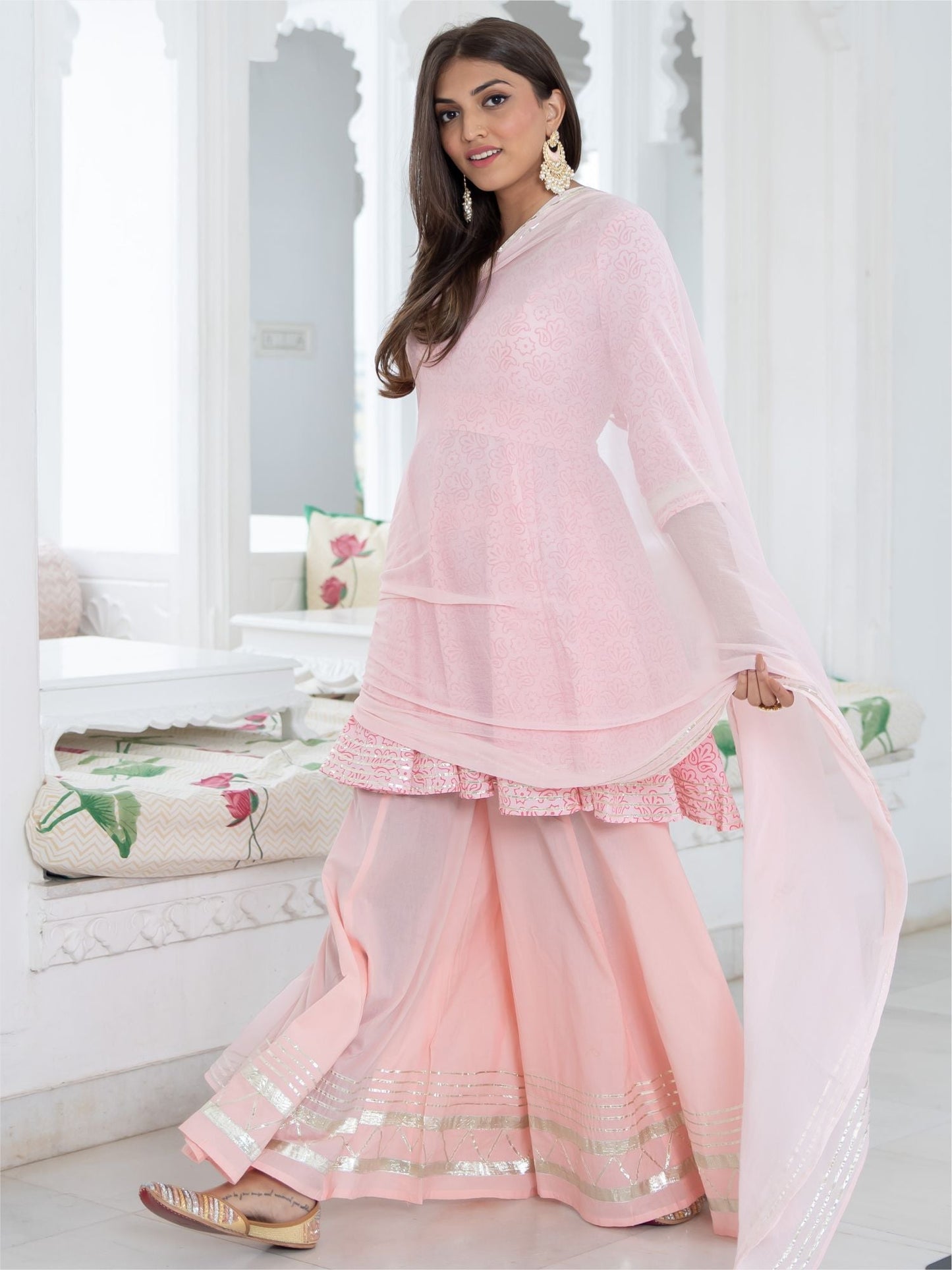 Pink Cotton Printed Kurta and Palazzo Set