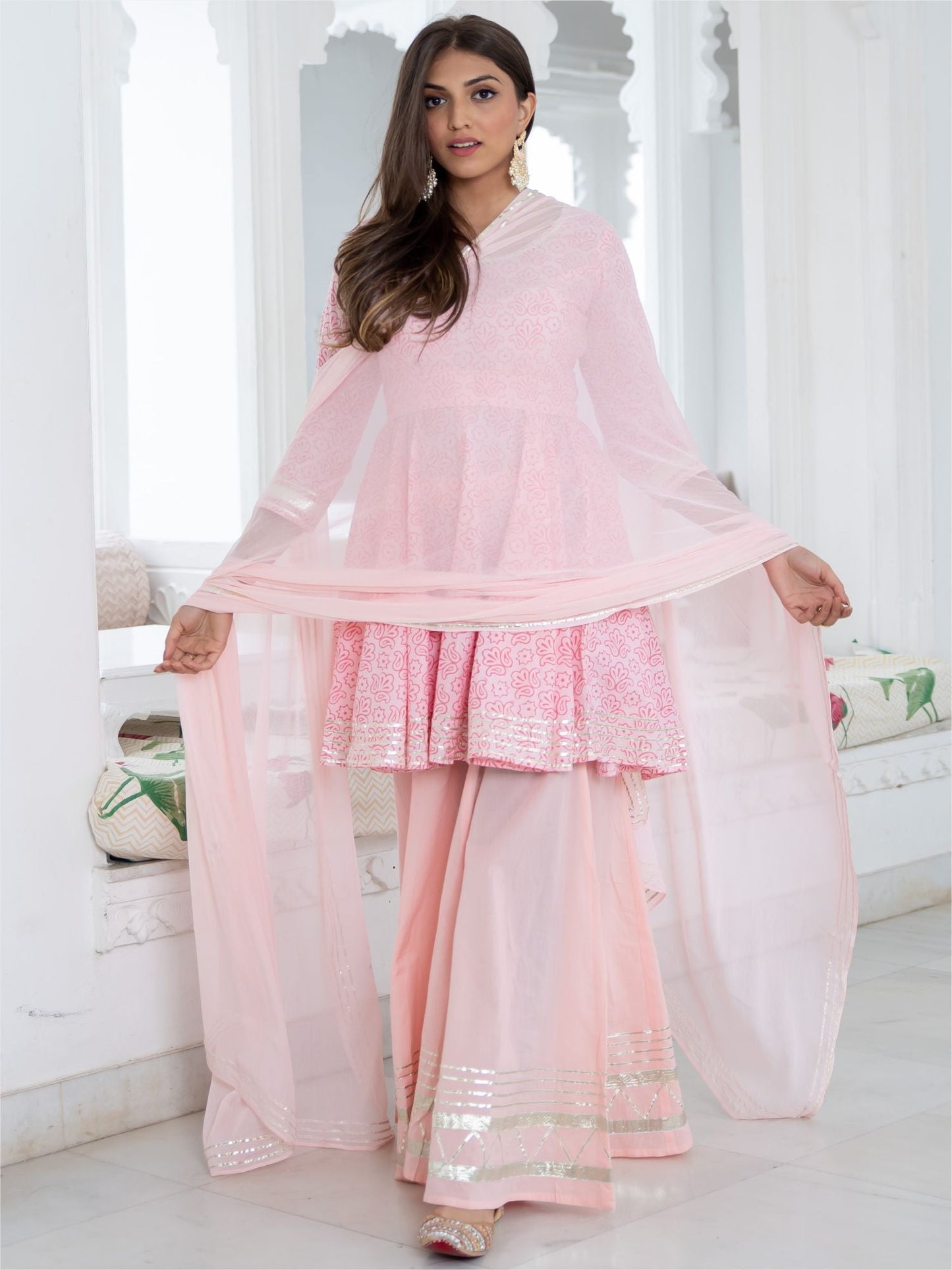 Pink Cotton Printed Kurta and Palazzo Set