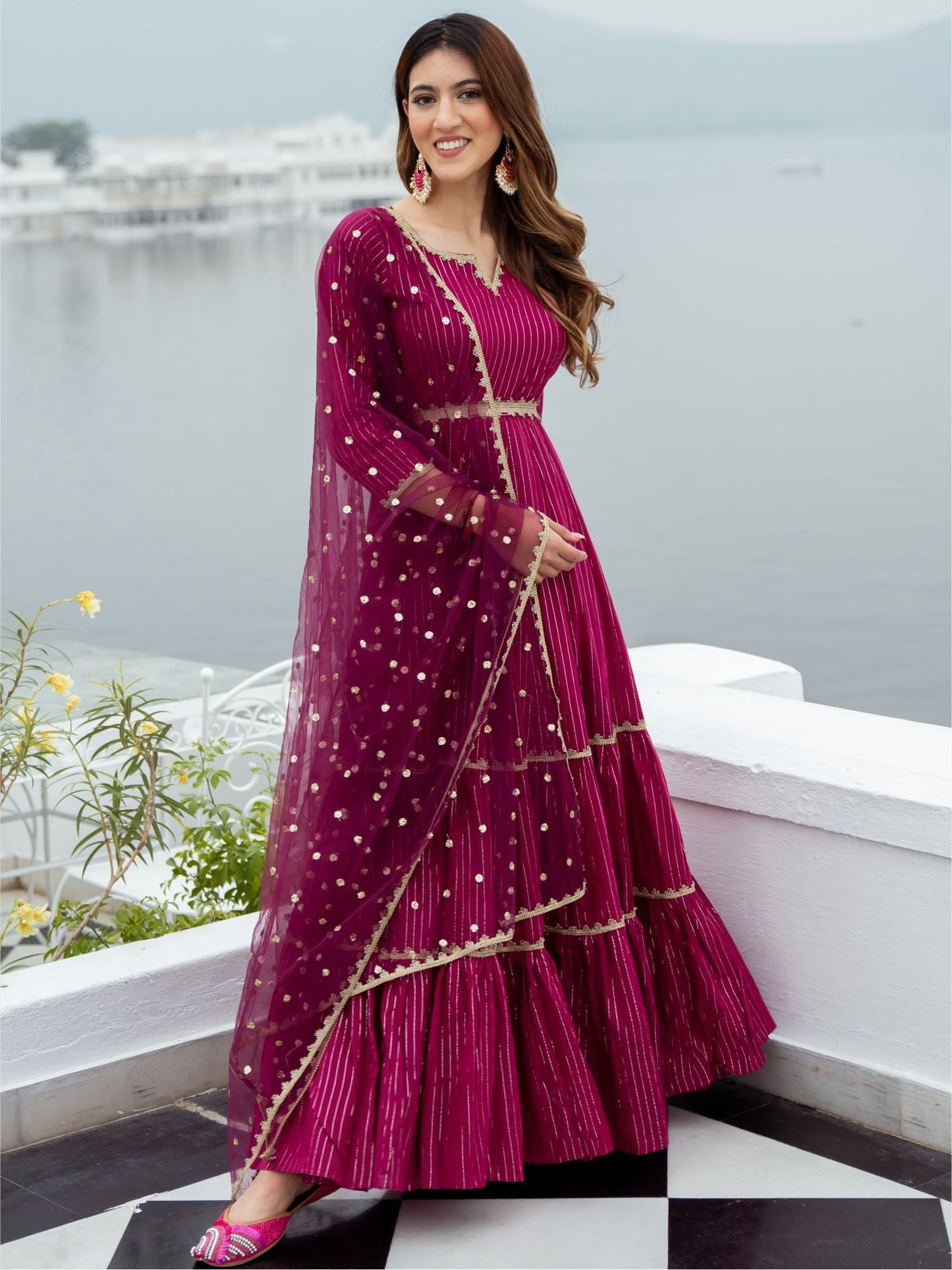 Pink Cotton Lurex Long Dress With Dupatta