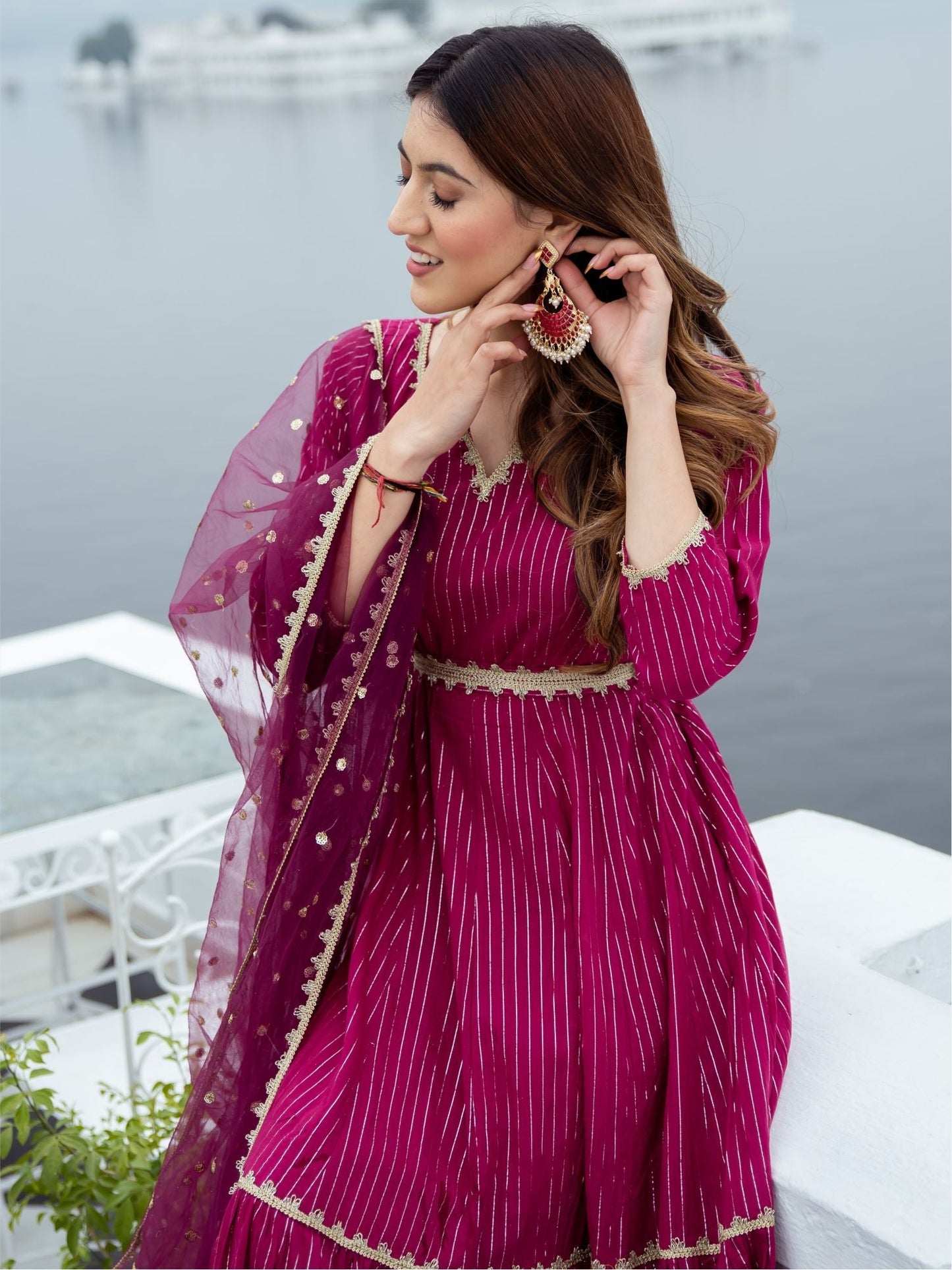Pink Cotton Lurex Long Dress With Dupatta
