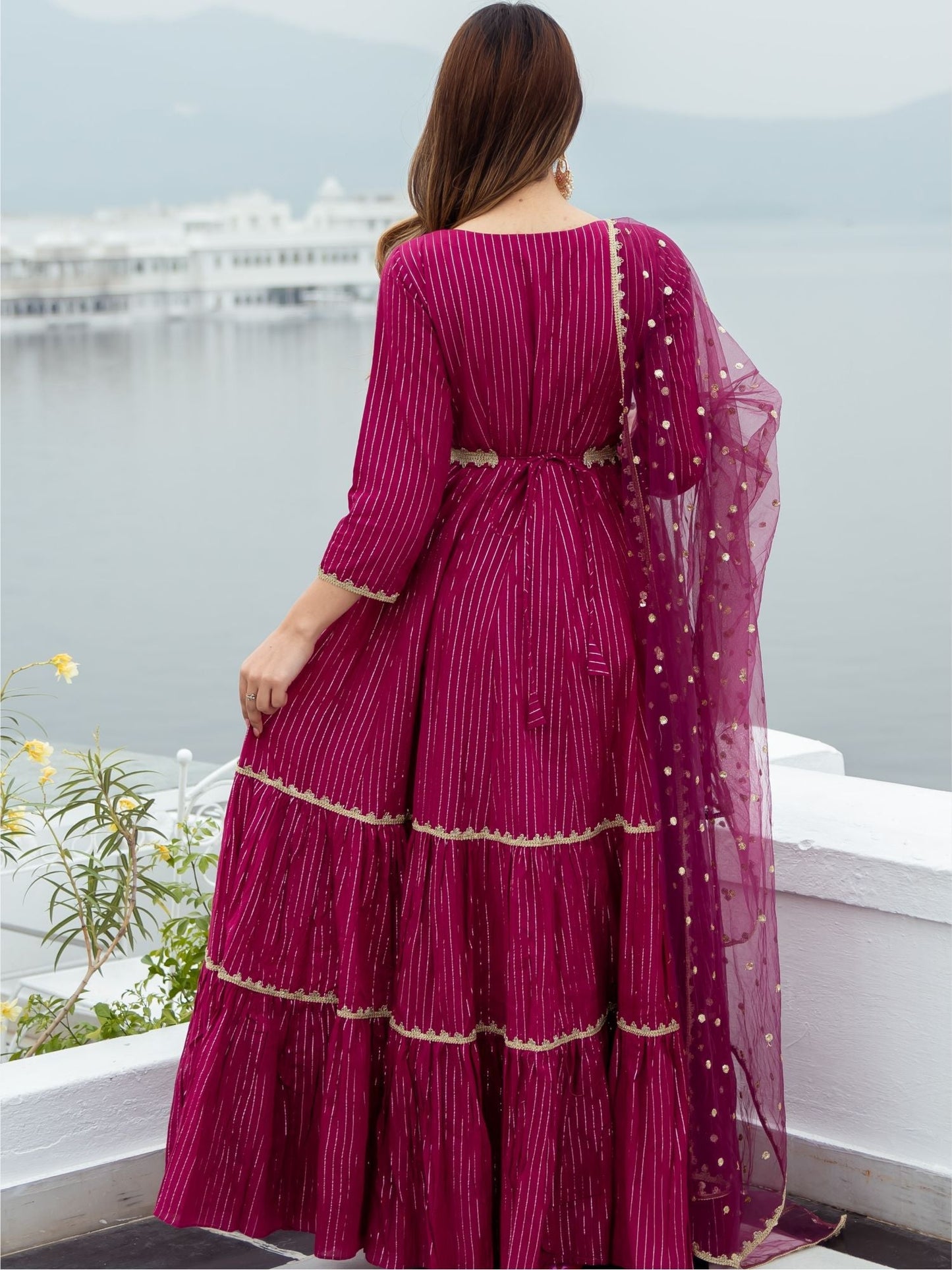 Pink Cotton Lurex Long Dress With Dupatta