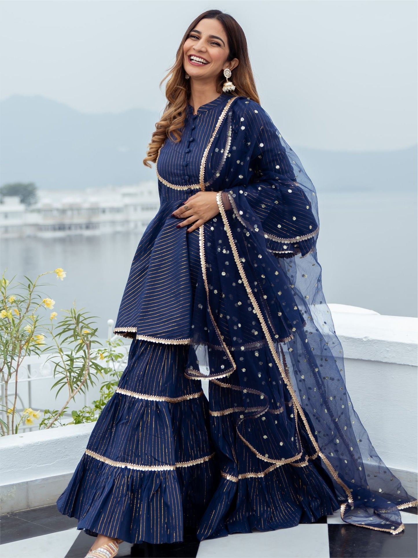 Blue Cotton Lurex Peplum and Sharara Set