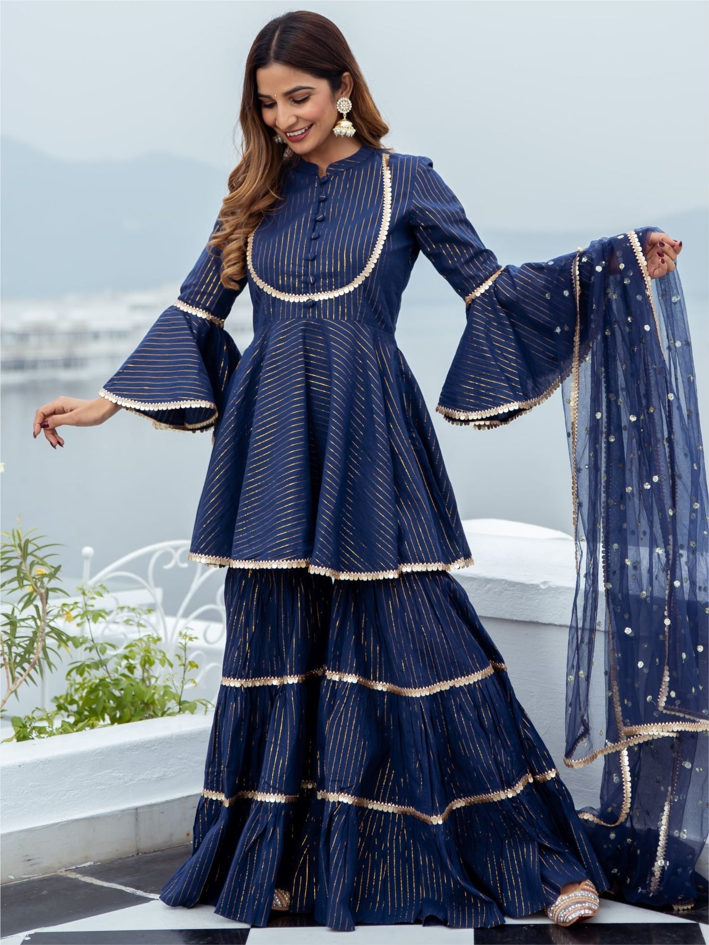 Blue Cotton Lurex Peplum and Sharara Set