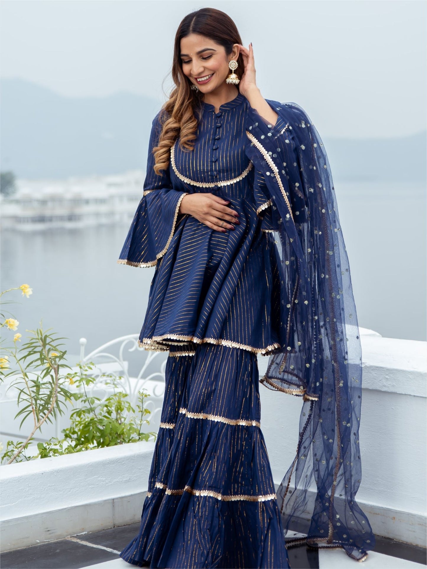 Blue Cotton Lurex Peplum and Sharara Set
