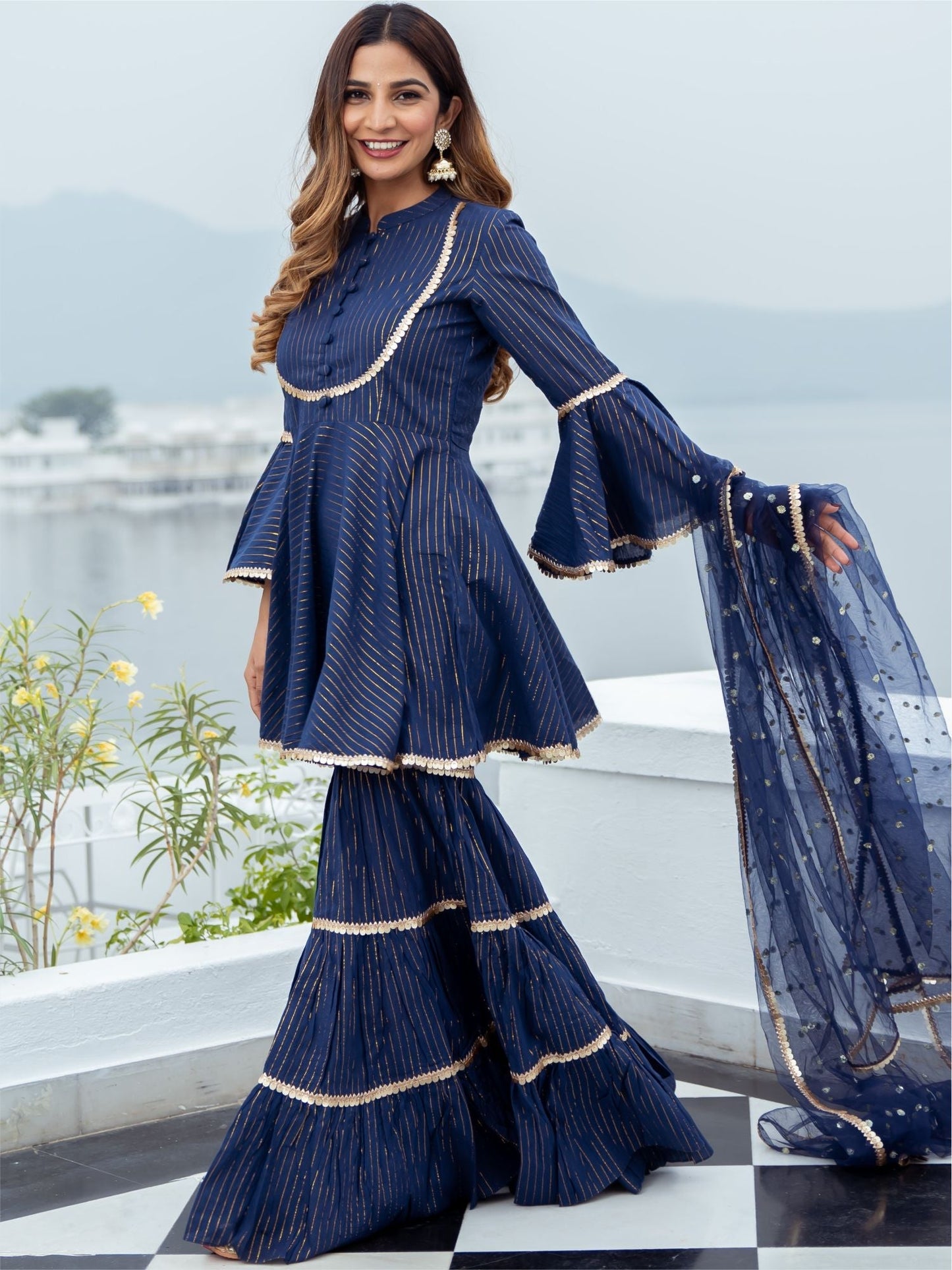 Blue Cotton Lurex Peplum and Sharara Set