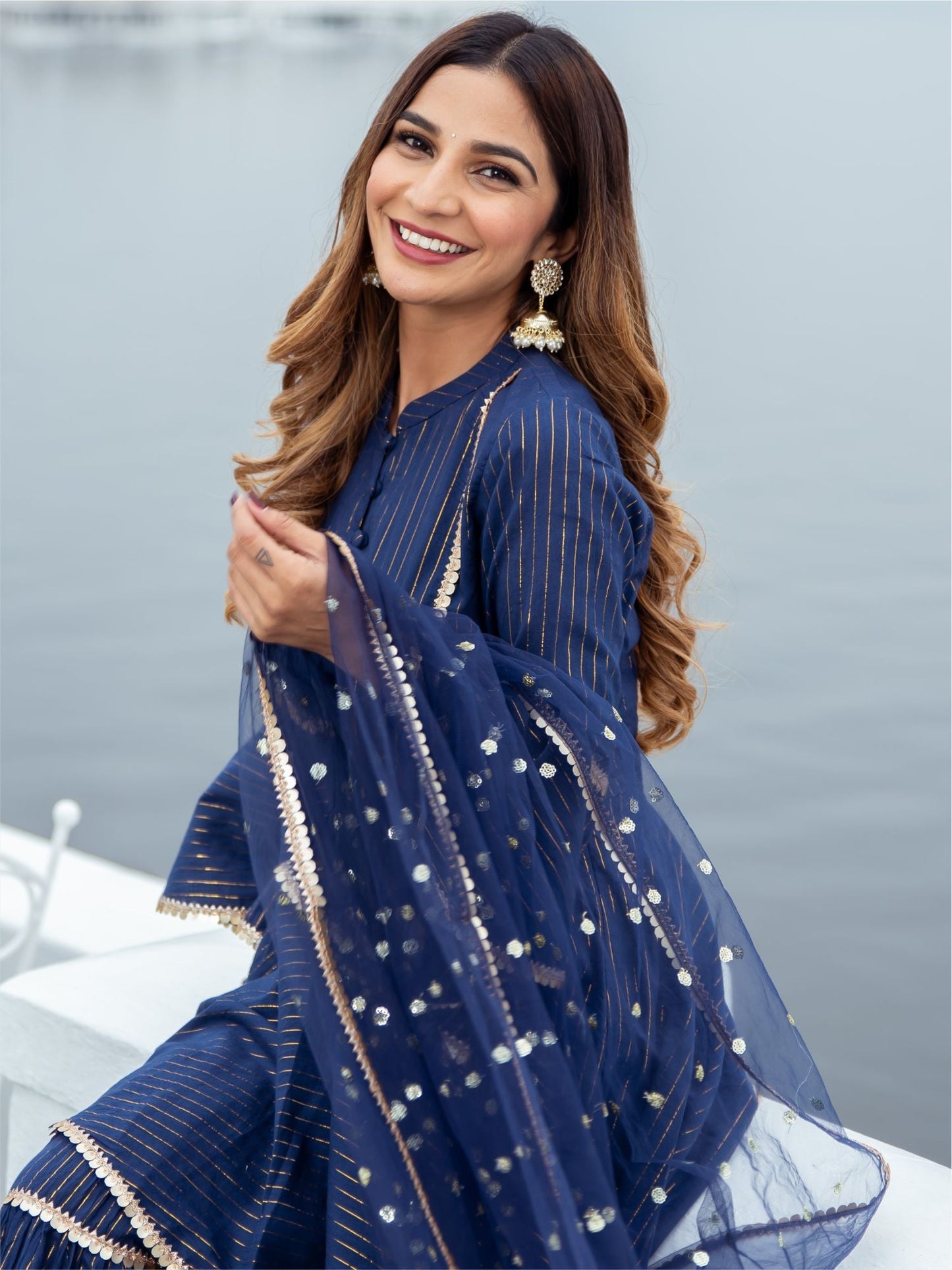 Blue Cotton Lurex Peplum and Sharara Set