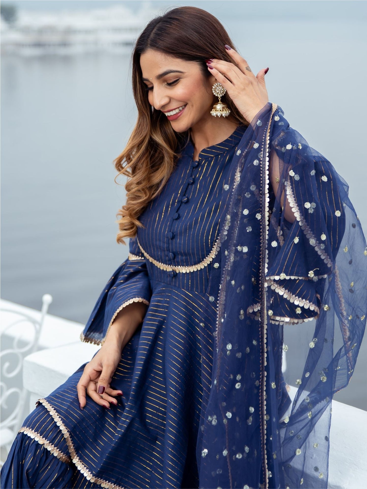 Blue Cotton Lurex Peplum and Sharara Set