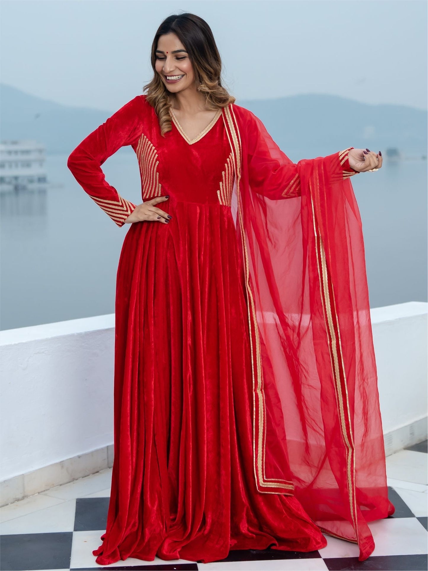 Red Velvet Anarkali With Dupatta