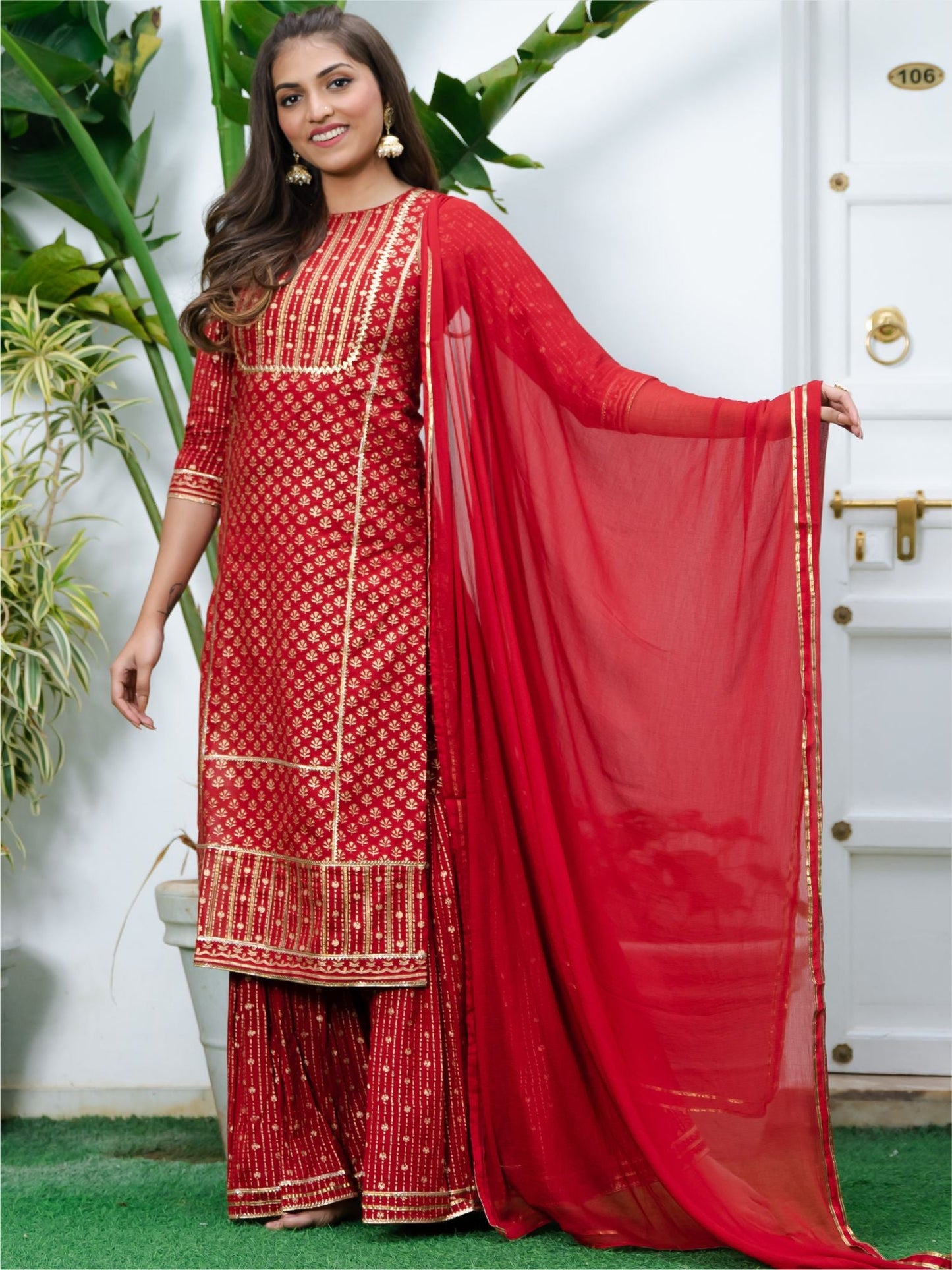 Red Cotton Printed Long Kurta and Sharara Set