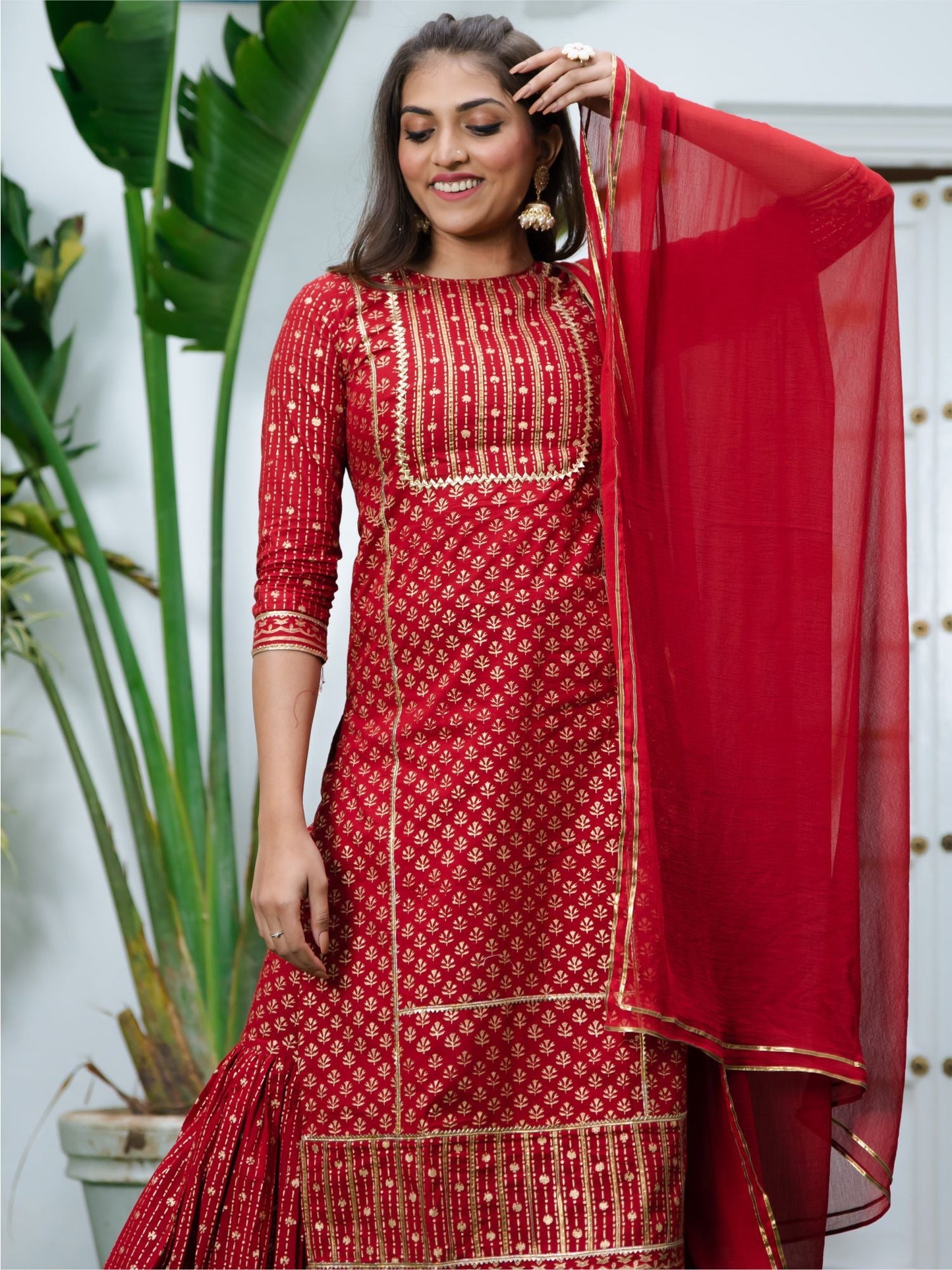 Red Cotton Printed Long Kurta and Sharara Set