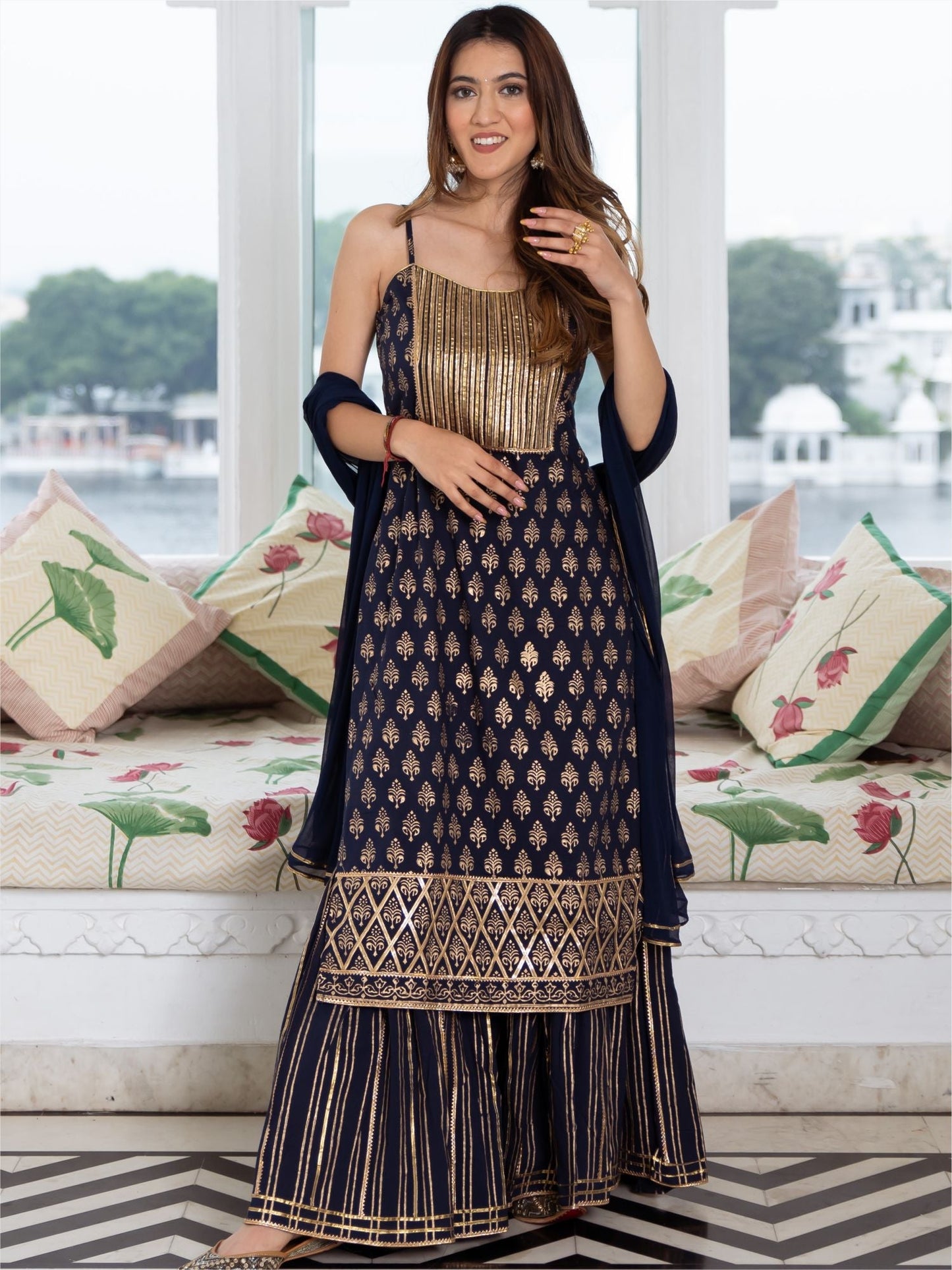 Navy Blue Cotton Printed Long Kurta and Sharara Set
