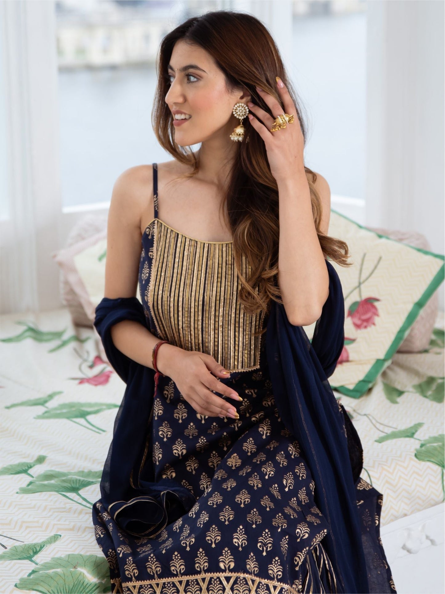 Navy Blue Cotton Printed Long Kurta and Sharara Set