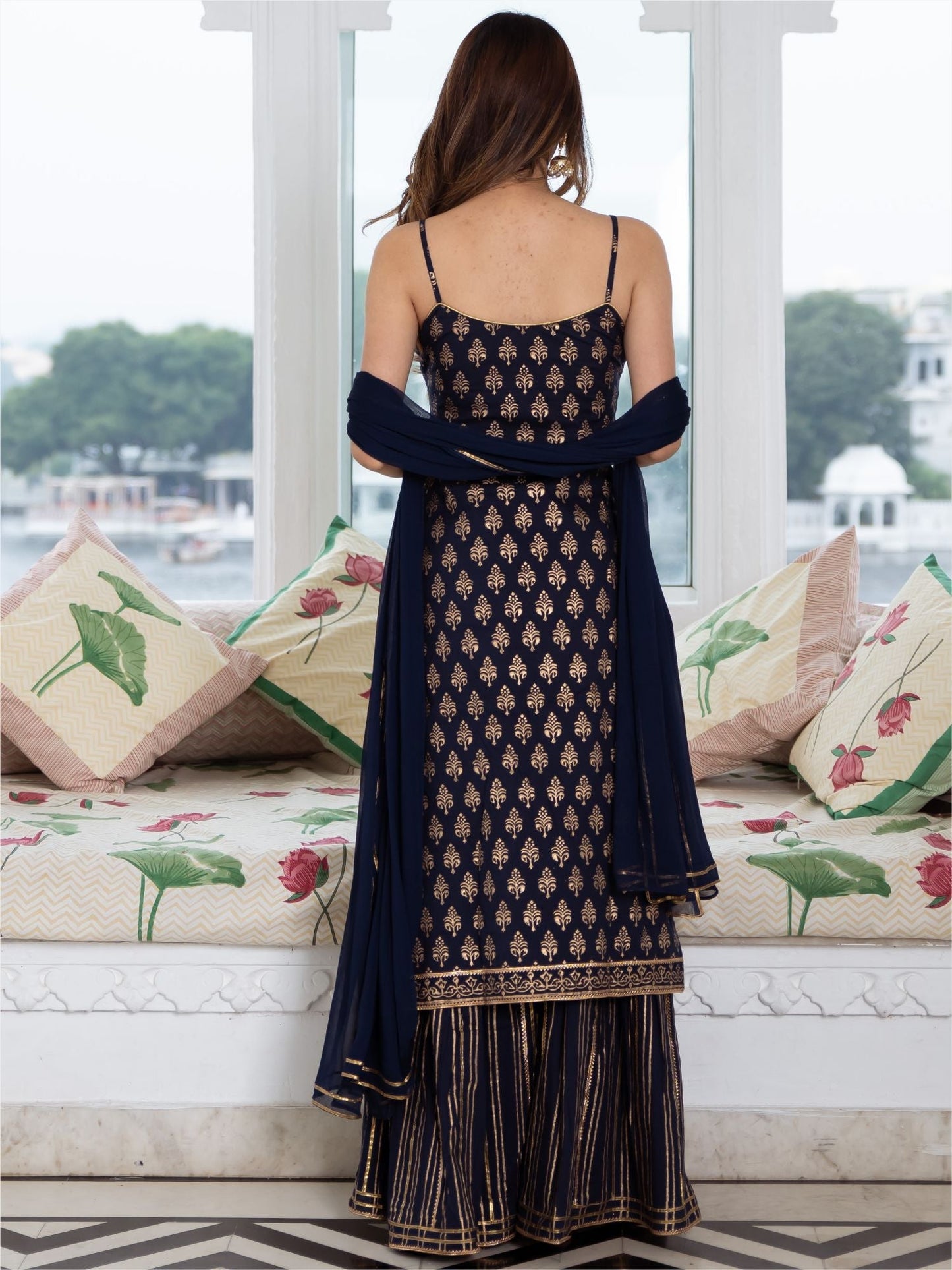 Navy Blue Cotton Printed Long Kurta and Sharara Set