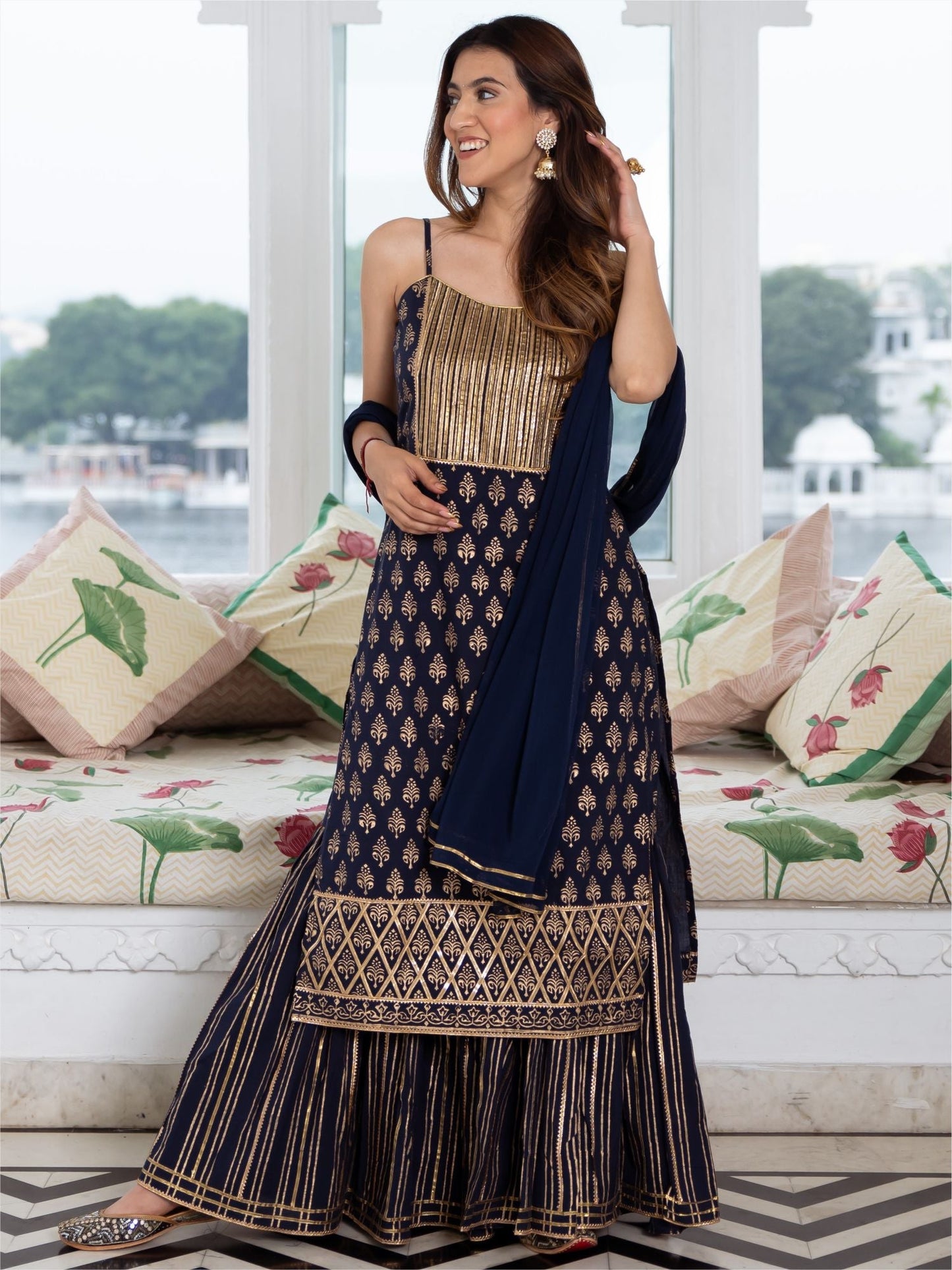 Navy Blue Cotton Printed Long Kurta and Sharara Set
