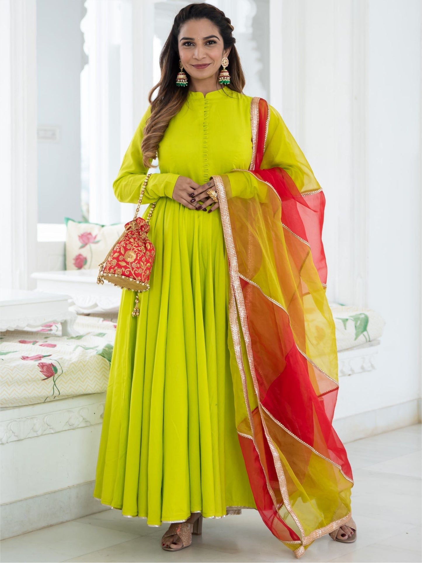 Neon Green Cotton Flared Anarkali and Pant Set