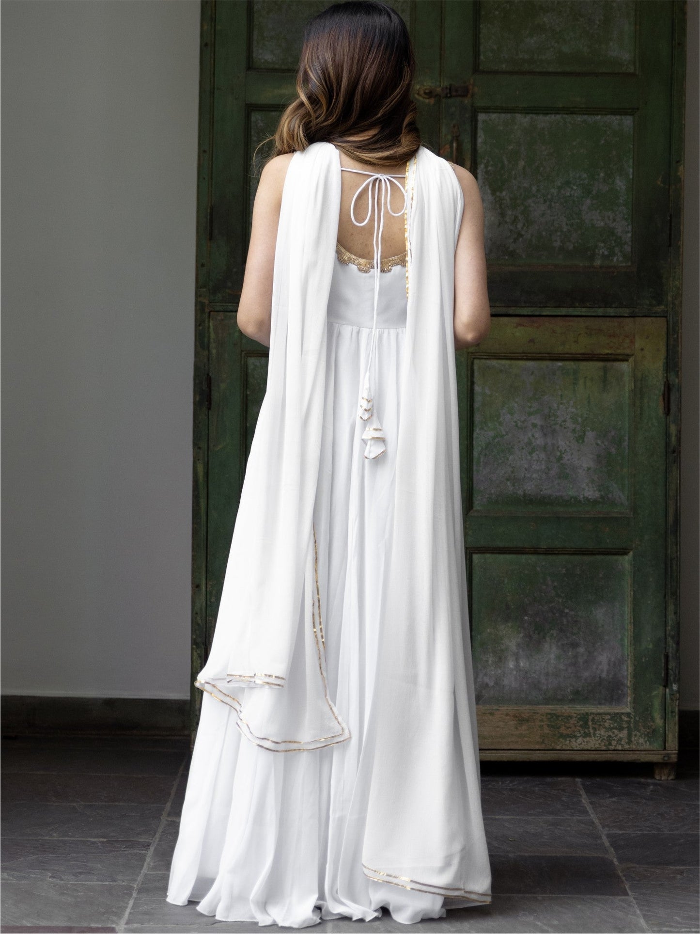 White Georgette Long Dress Set