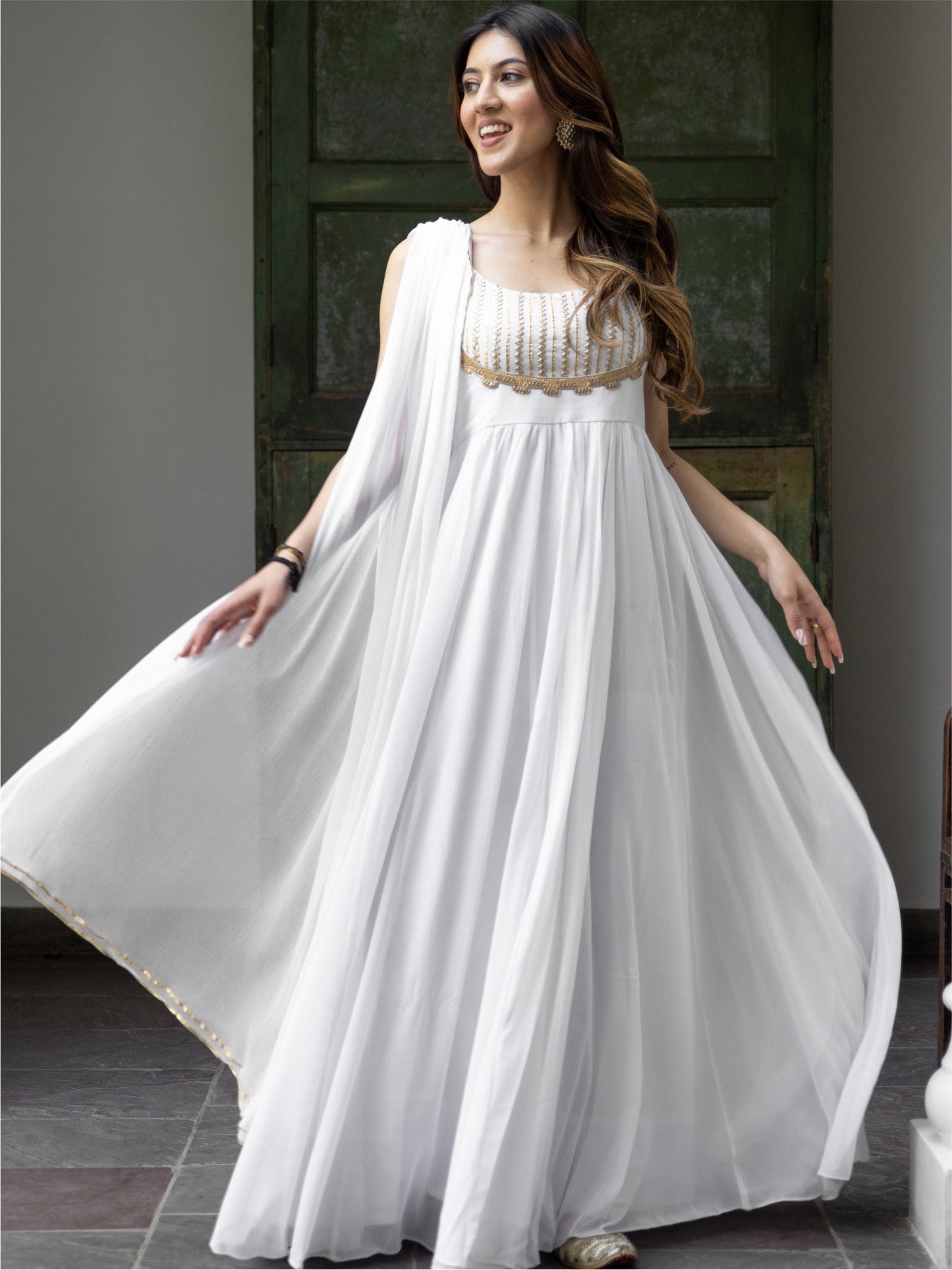 White Georgette Long Dress Set