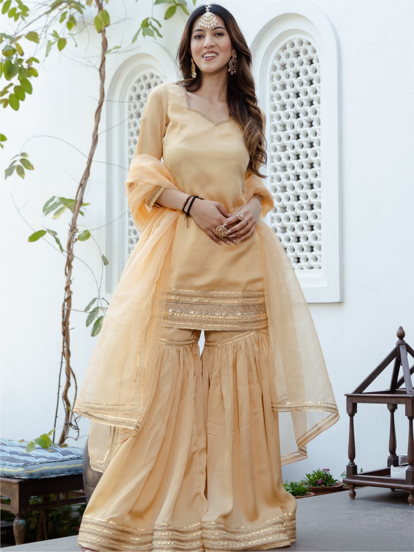Beige Short Kurta Sharara Set