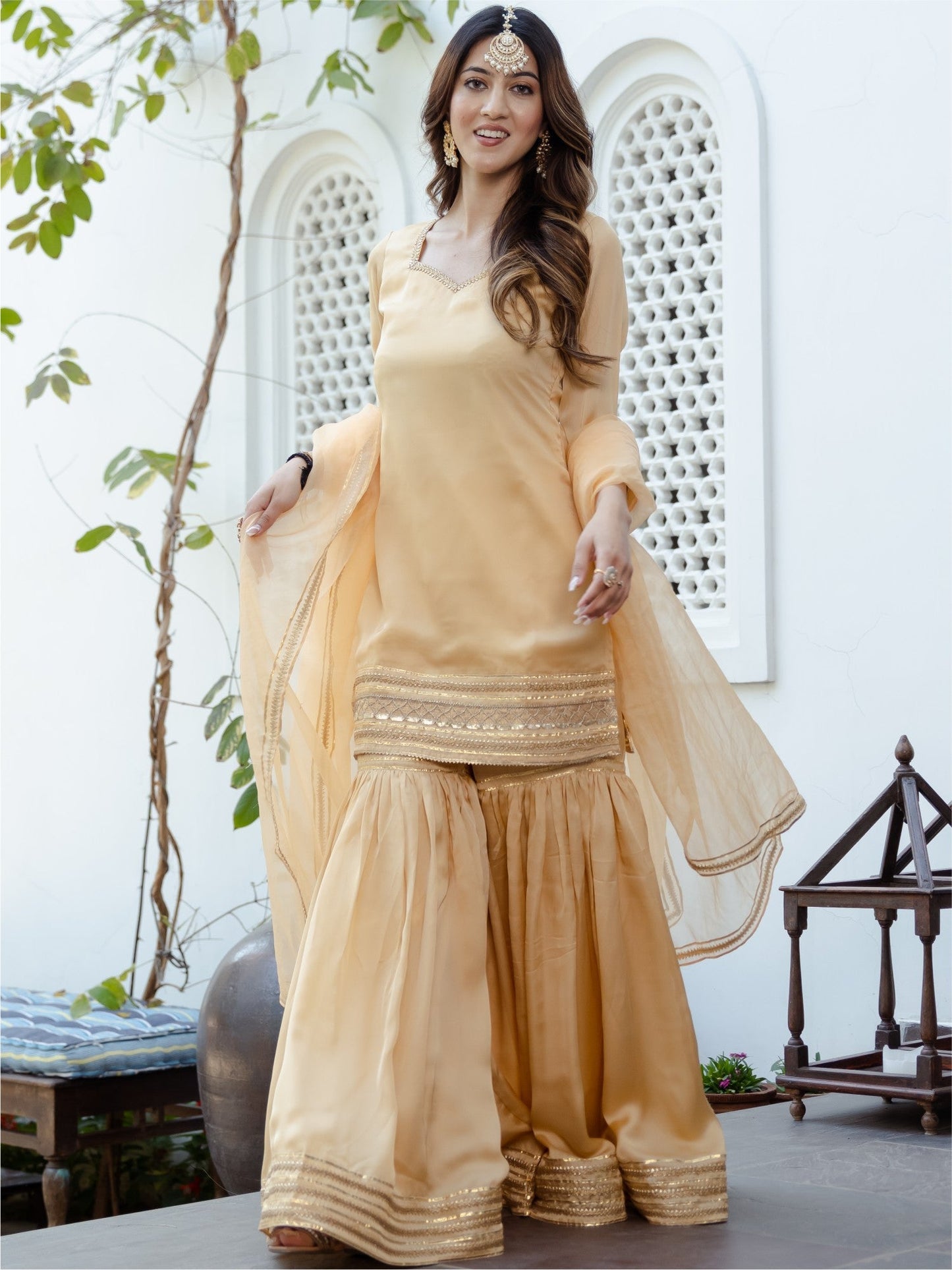 Beige Short Kurta Sharara Set
