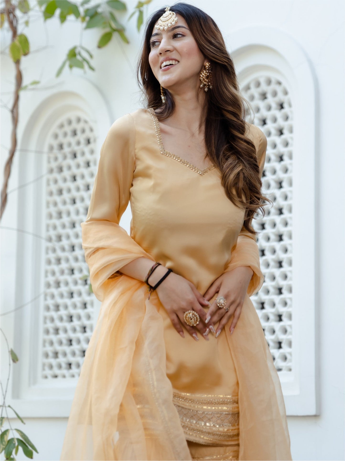 Beige Short Kurta Sharara Set