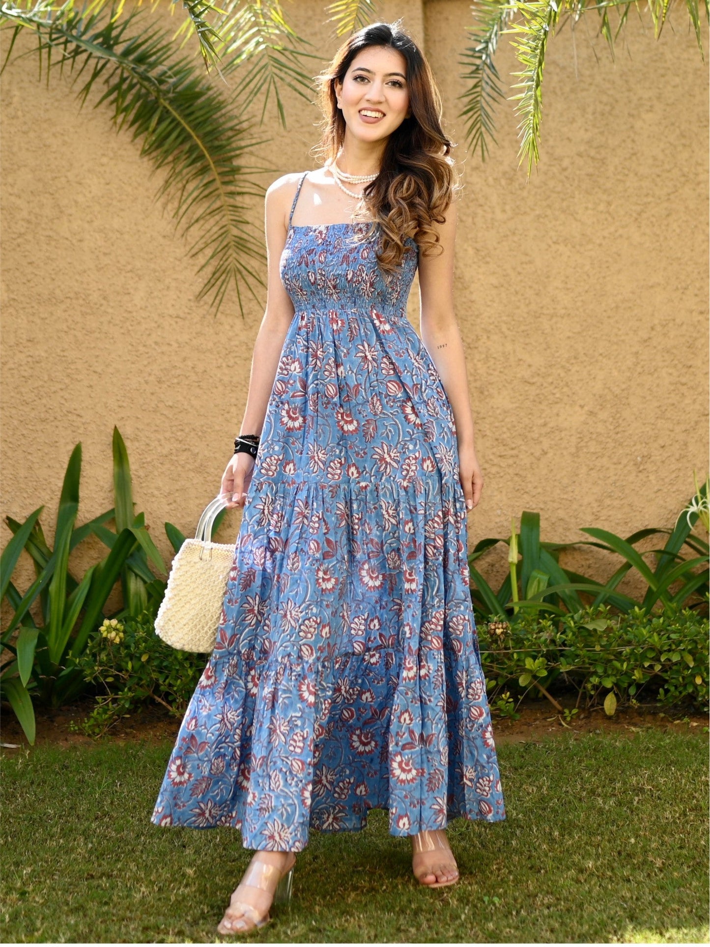 Blue Printed Tiered Long Dress