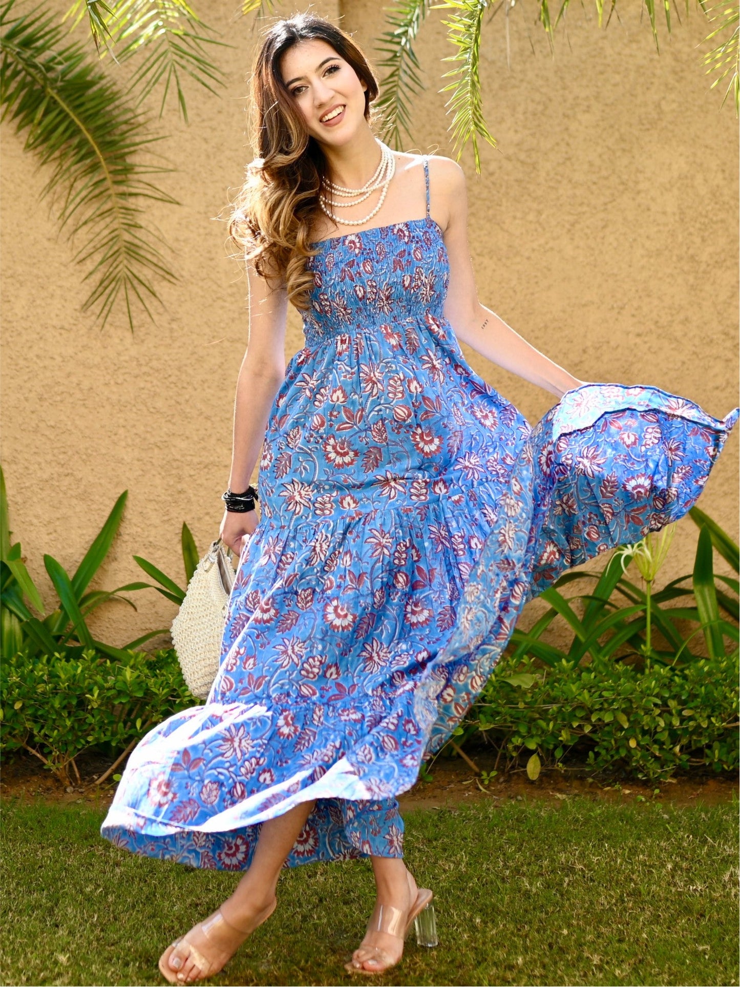 Blue Printed Tiered Long Dress