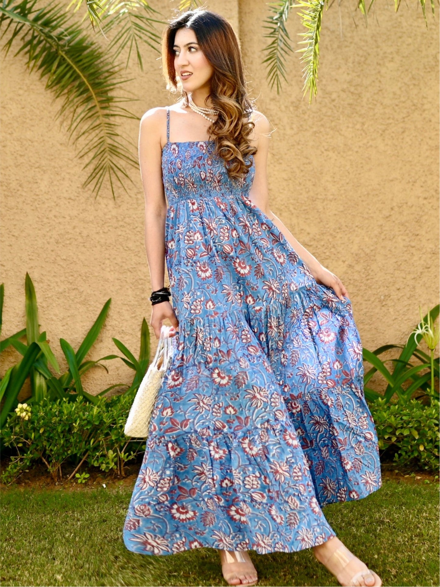 Blue Printed Tiered Long Dress