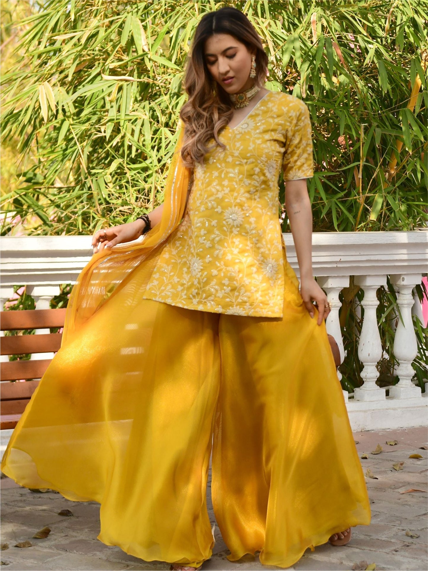 Yellow Embroidered Kurta and Palazzo Set