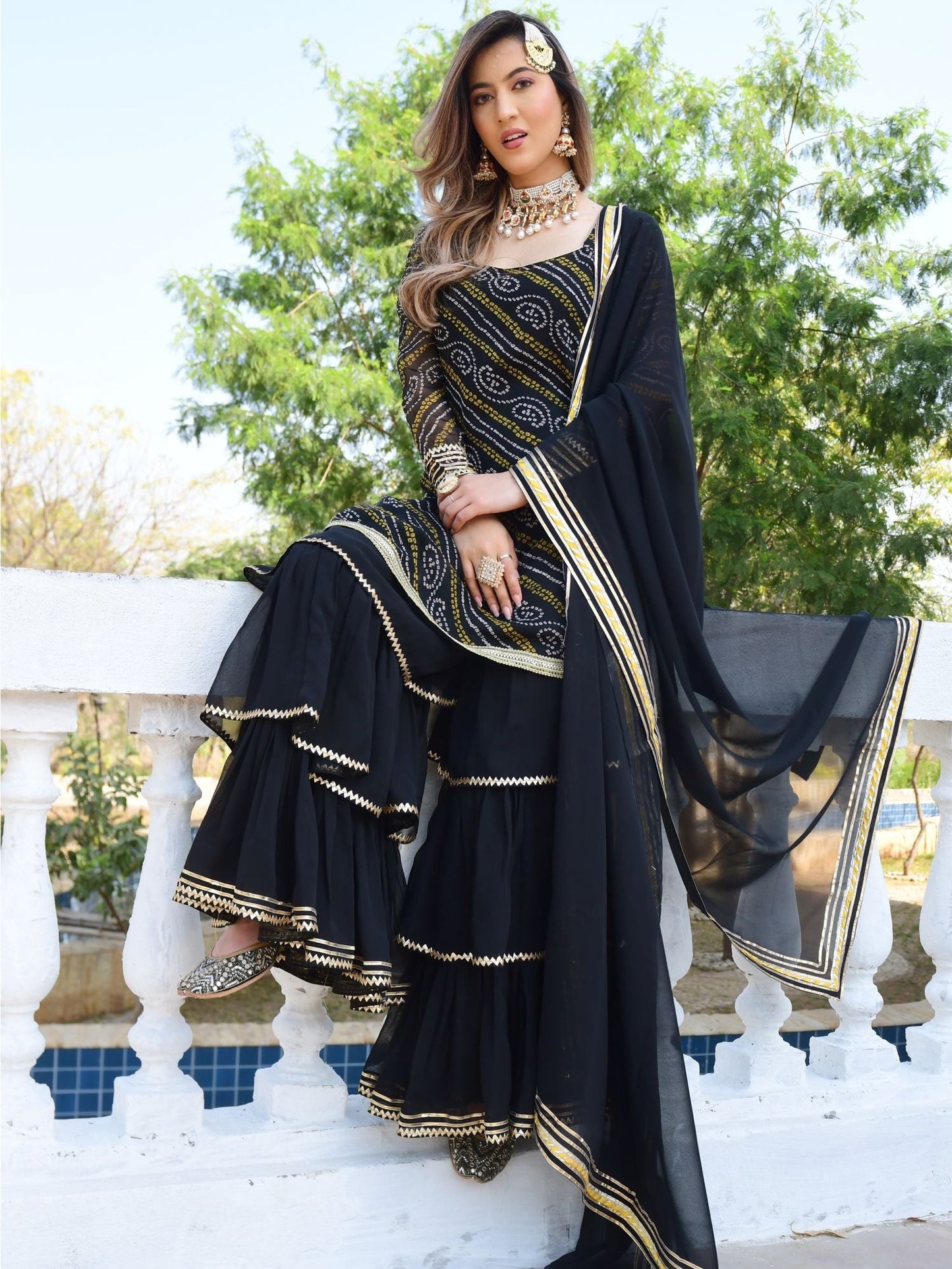Black bandhni Print Kurta And Sharara Set
