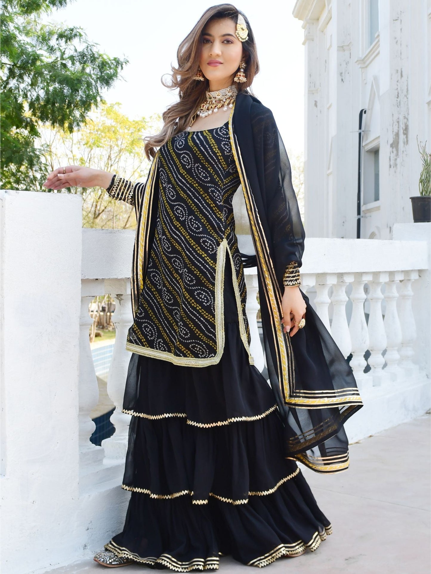 Black bandhni Print Kurta And Sharara Set