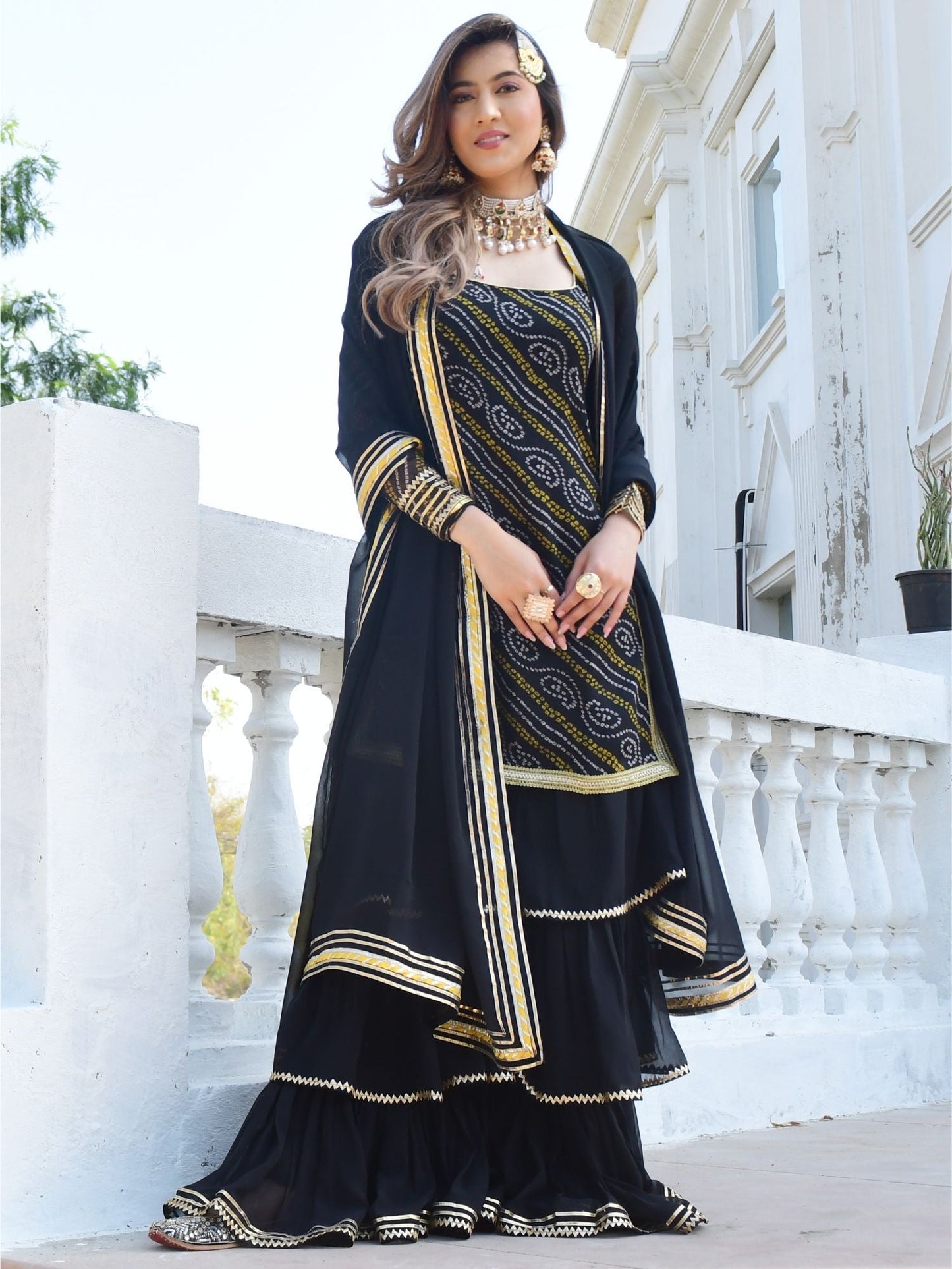 Black bandhni Print Kurta And Sharara Set