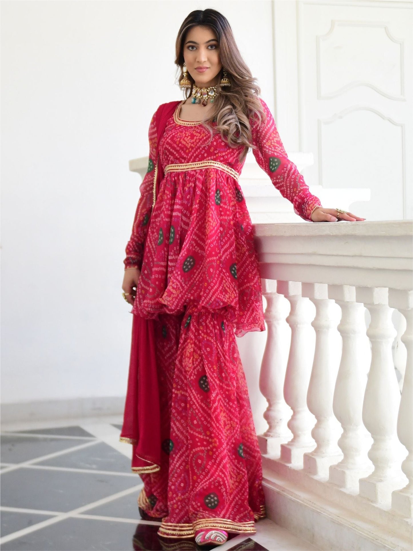 Pink Bandhni Print Kurta And Sharara Set