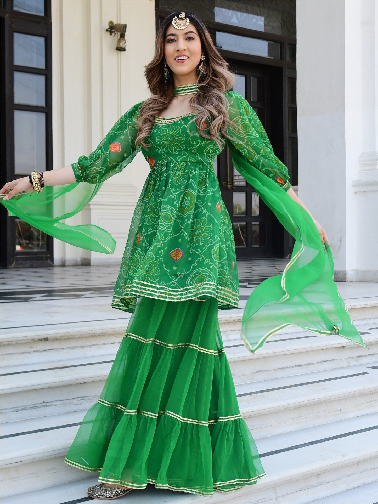 Green Bandhni Print Kurta And Sharara Set