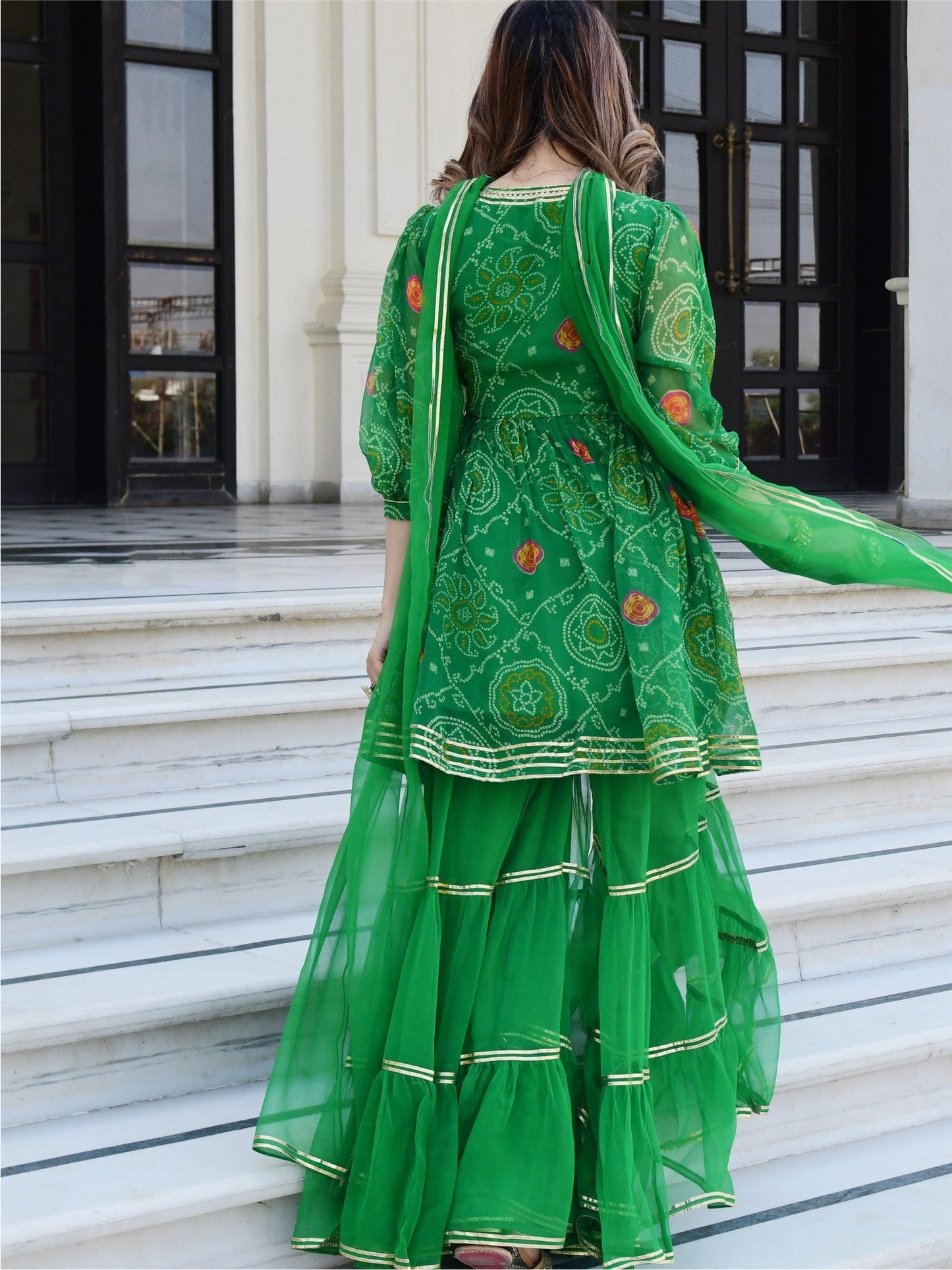 Green Bandhni Print Kurta And Sharara Set
