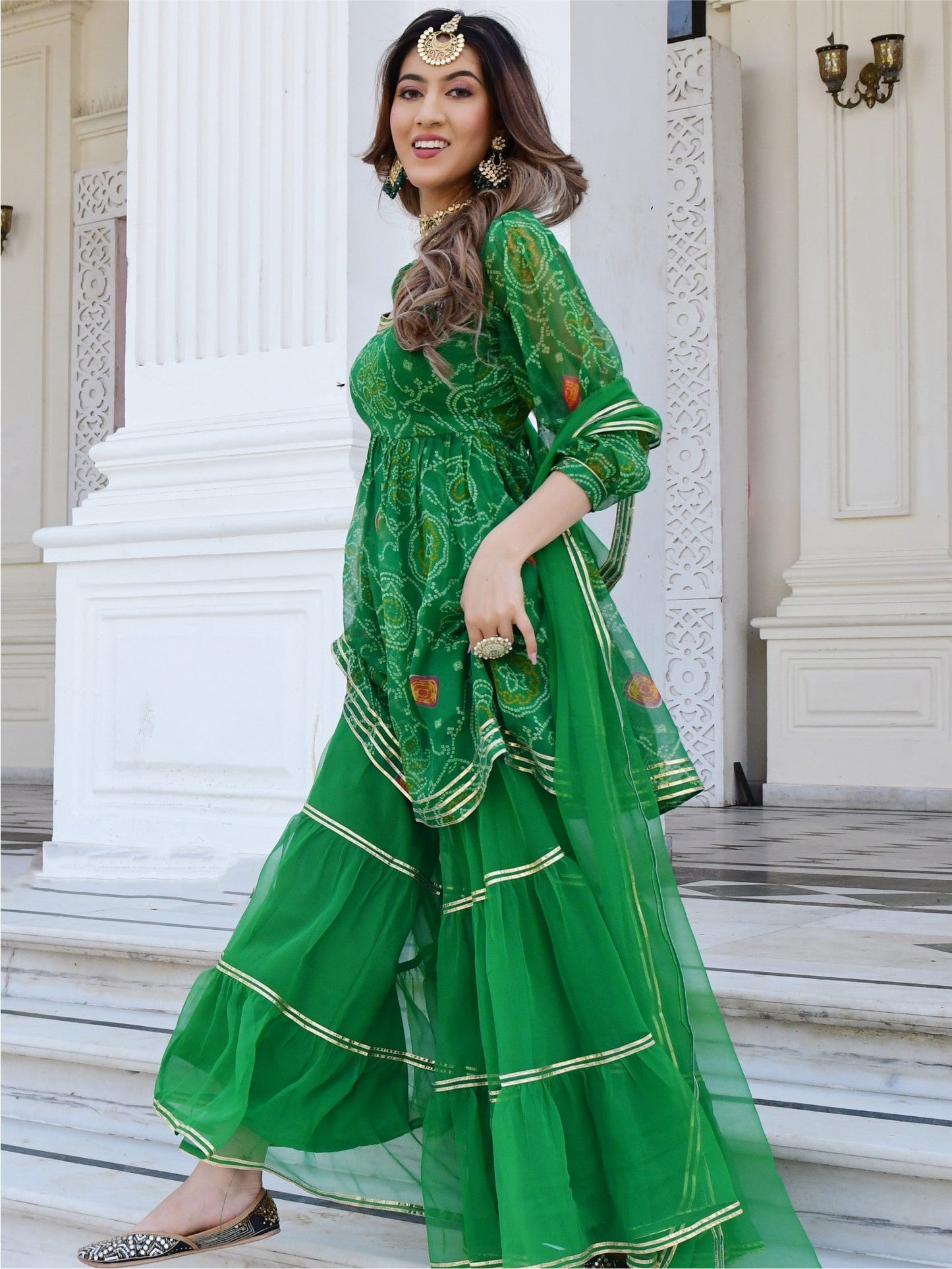 Green Bandhni Print Kurta And Sharara Set