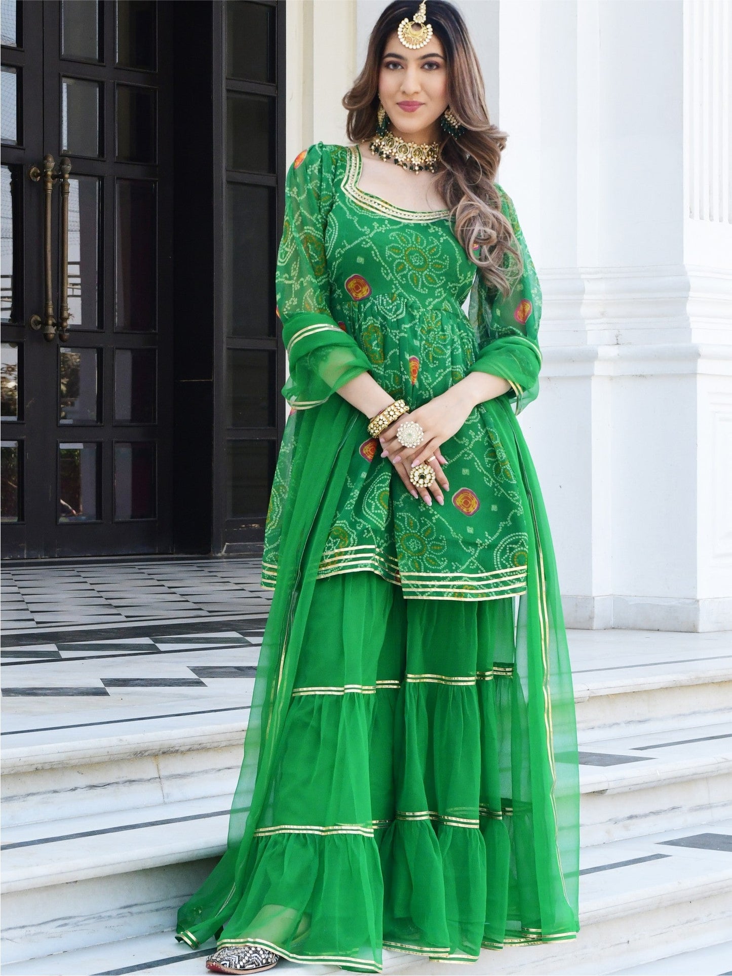 Green Bandhni Print Kurta And Sharara Set