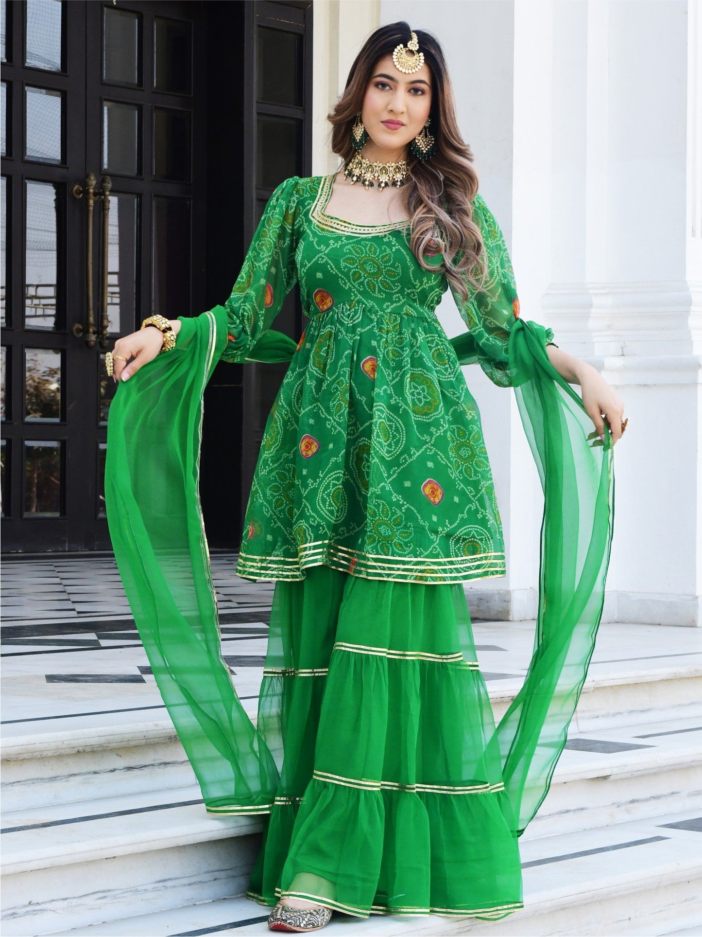 Green Bandhni Print Kurta And Sharara Set