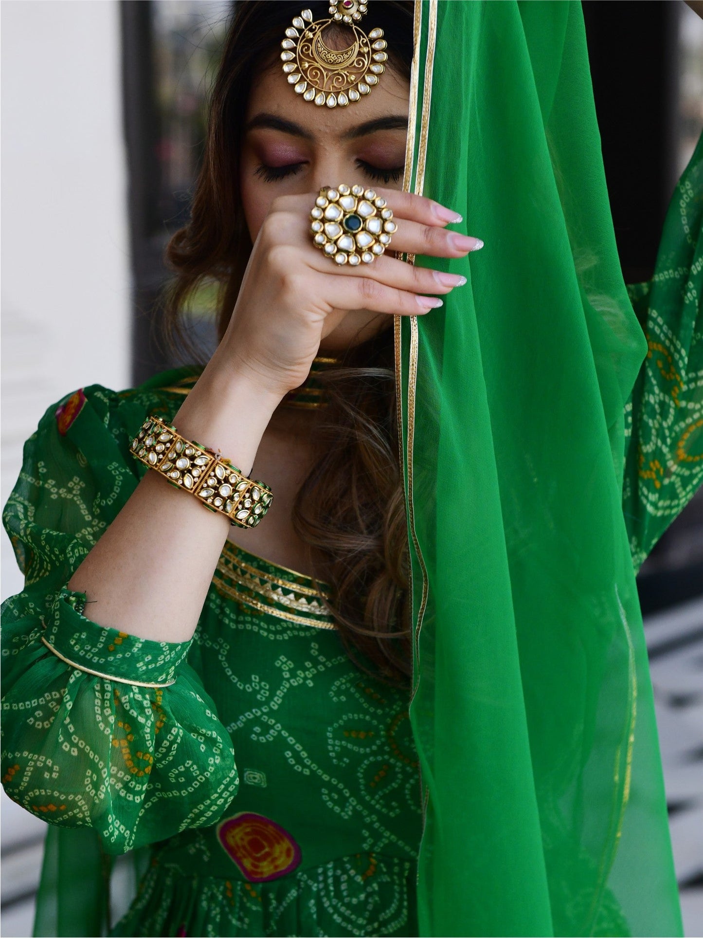 Green Bandhni Print Kurta And Sharara Set
