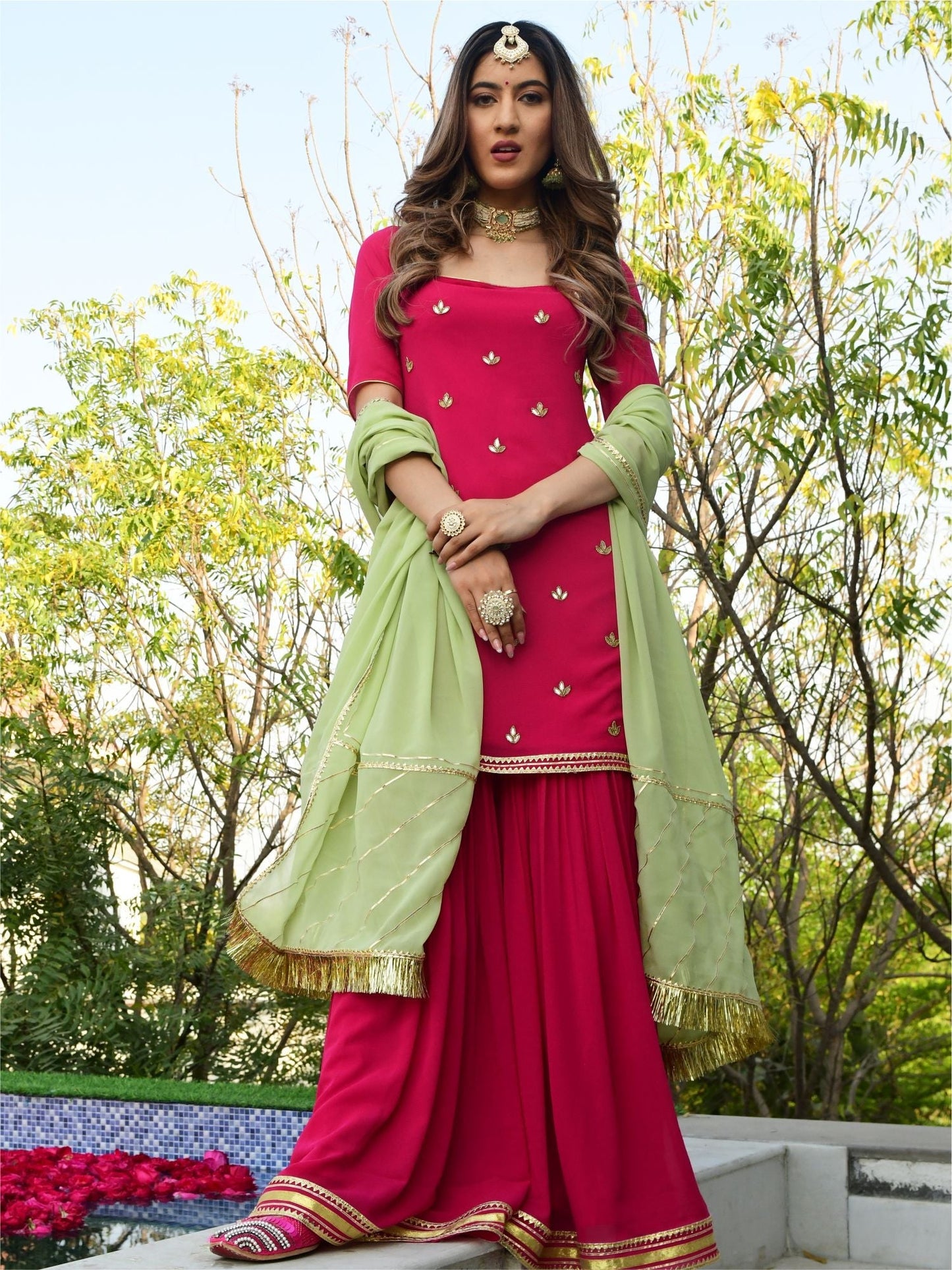 Pink georgette kurta and sharara set