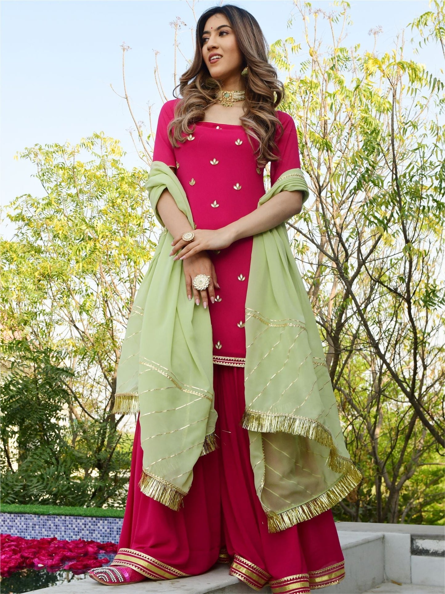 Pink georgette kurta and sharara set