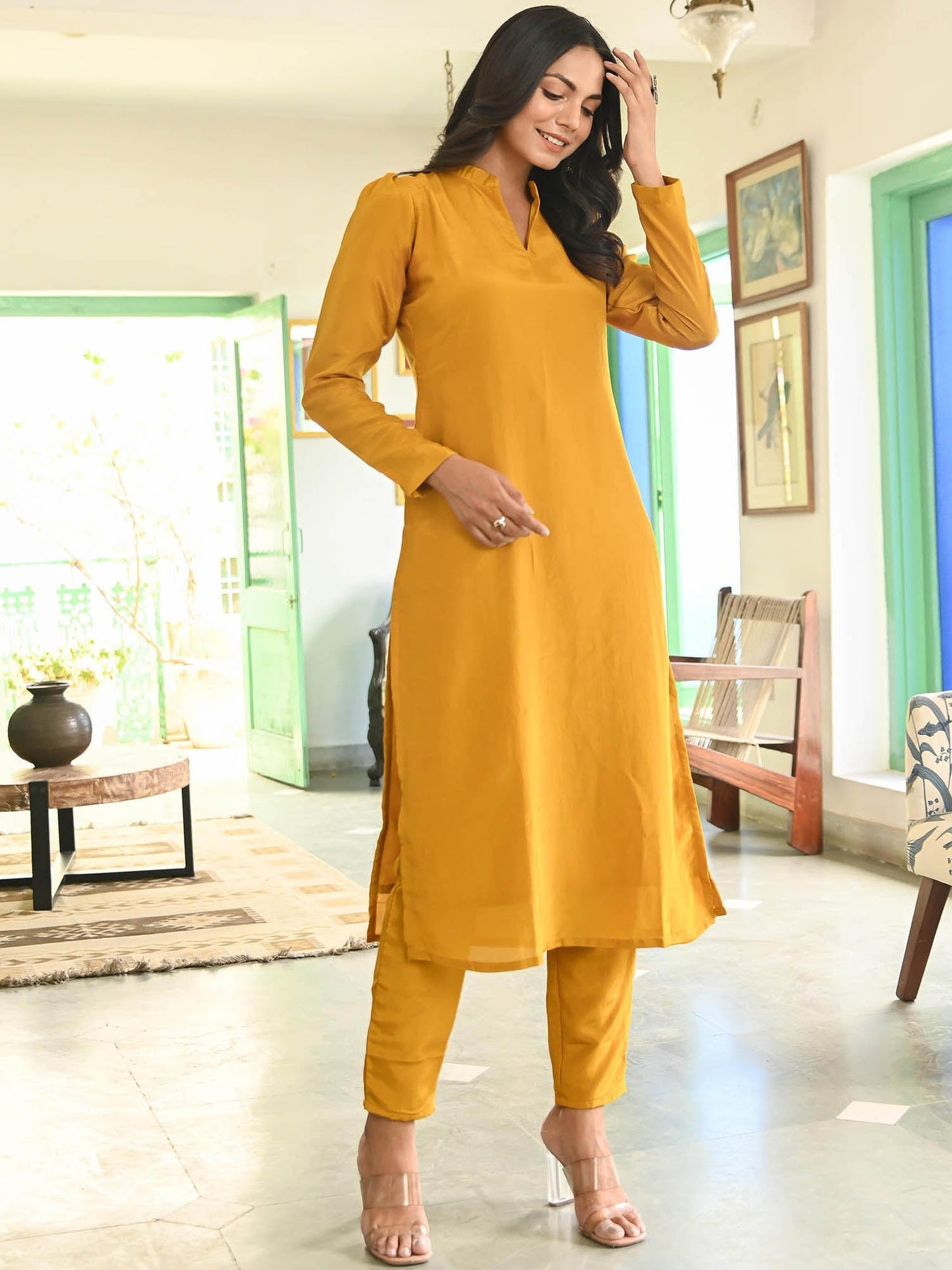 Mustard Yellow Silk Straight Kurta Set
