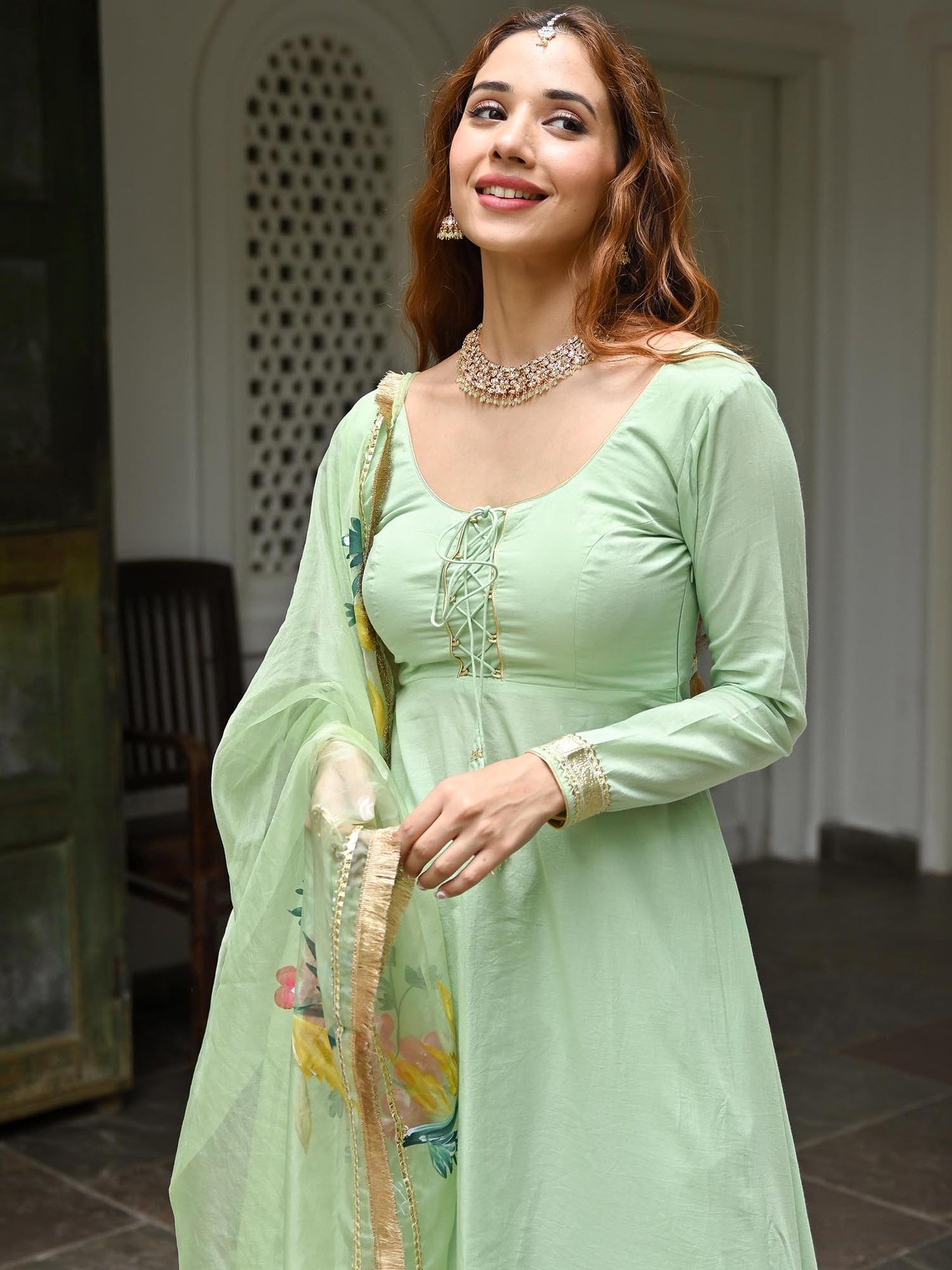 Green Cotton Anarkali set