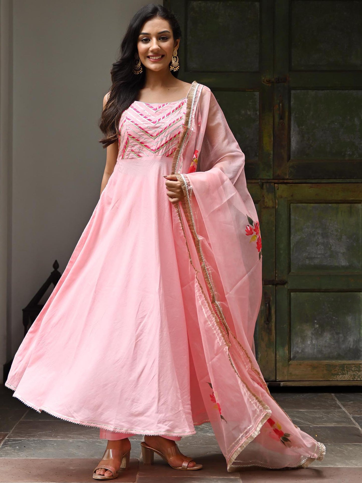 Peachy Pink Cotton Anarkali Pant Set