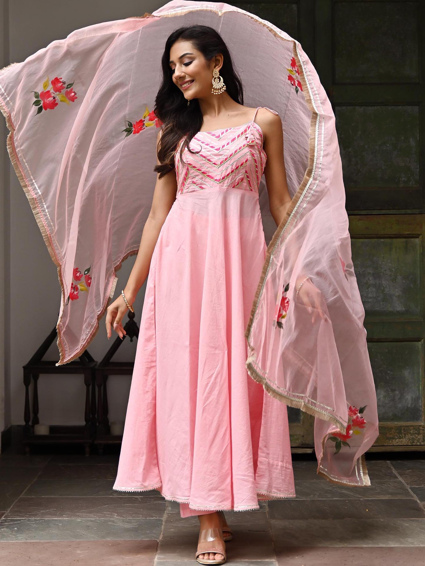 Peachy Pink Cotton Anarkali Pant Set