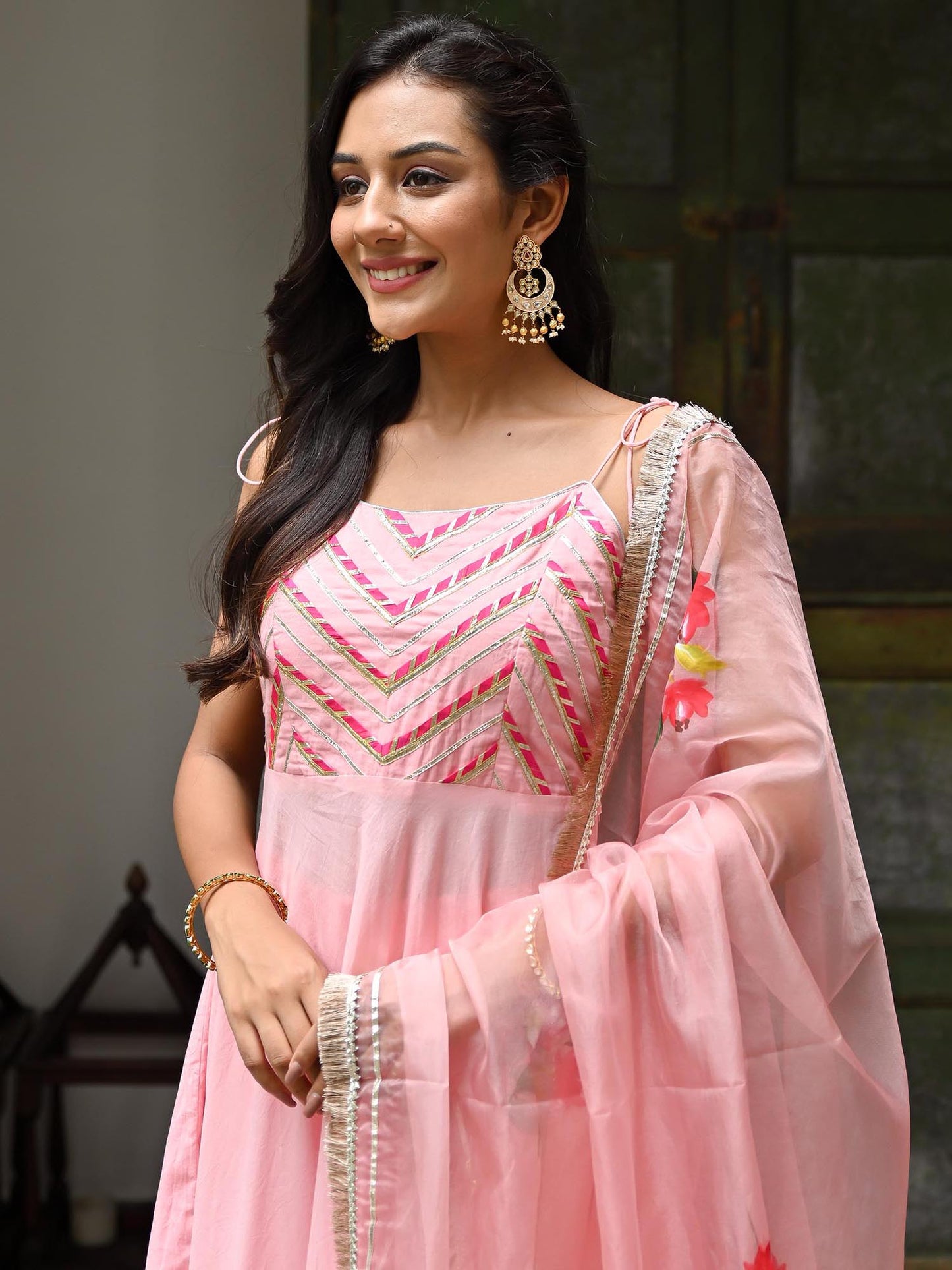 Peachy Pink Cotton Anarkali Pant Set
