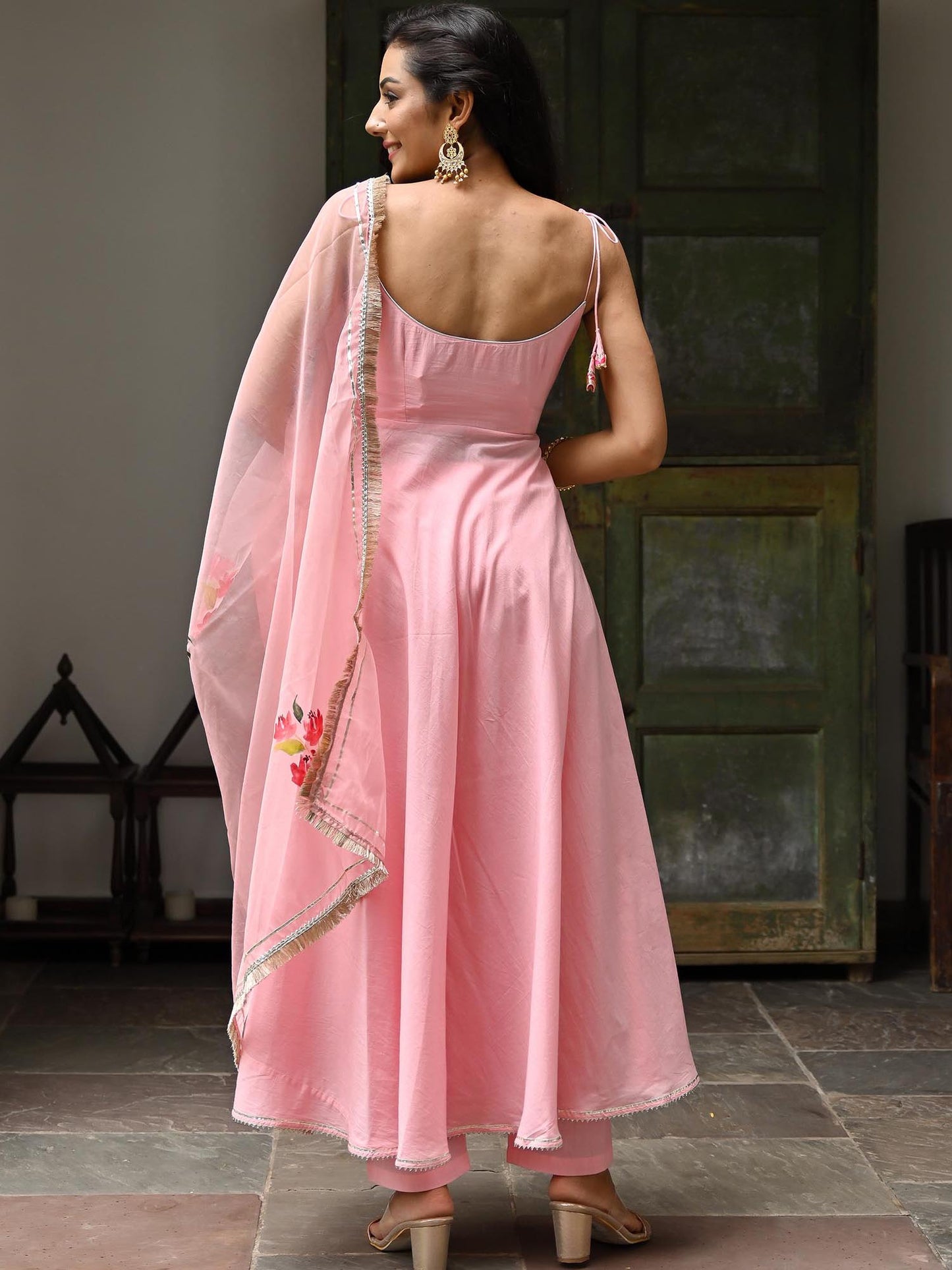Peachy Pink Cotton Anarkali Pant Set