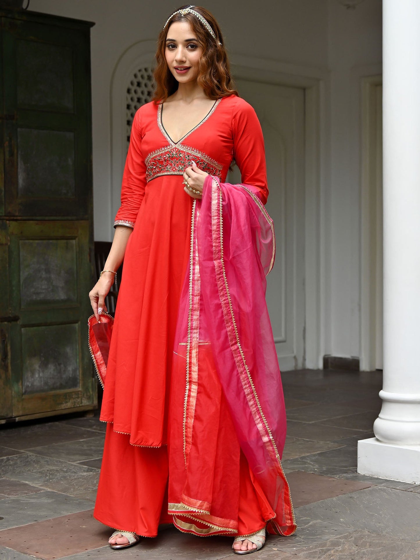 Red Cotton Embroidered Kurta Set