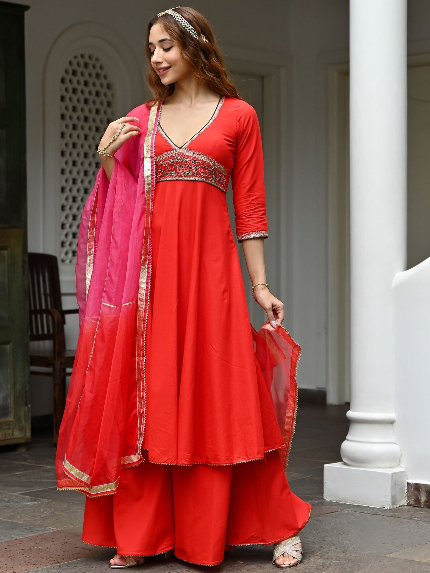Red Cotton Embroidered Kurta Set