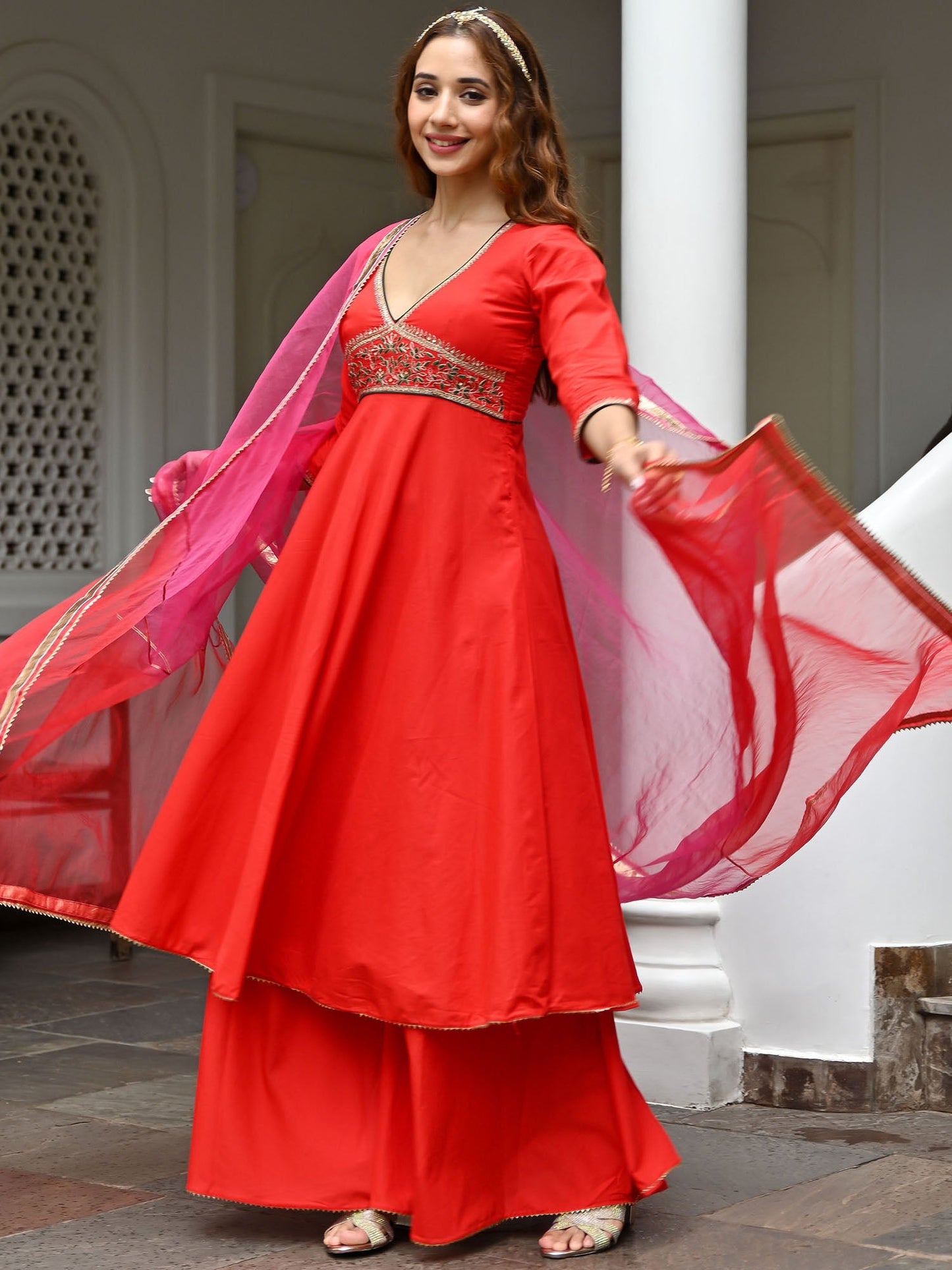 Red Cotton Embroidered Kurta Set